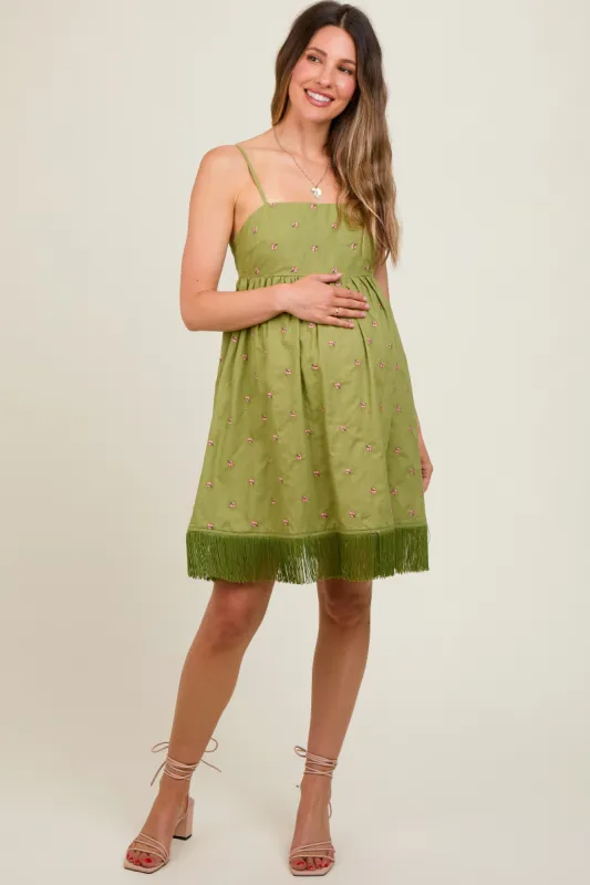 Green Floral Embroidered Back Cutout Tassel Fringe Maternity Dress sold by Pinkblush