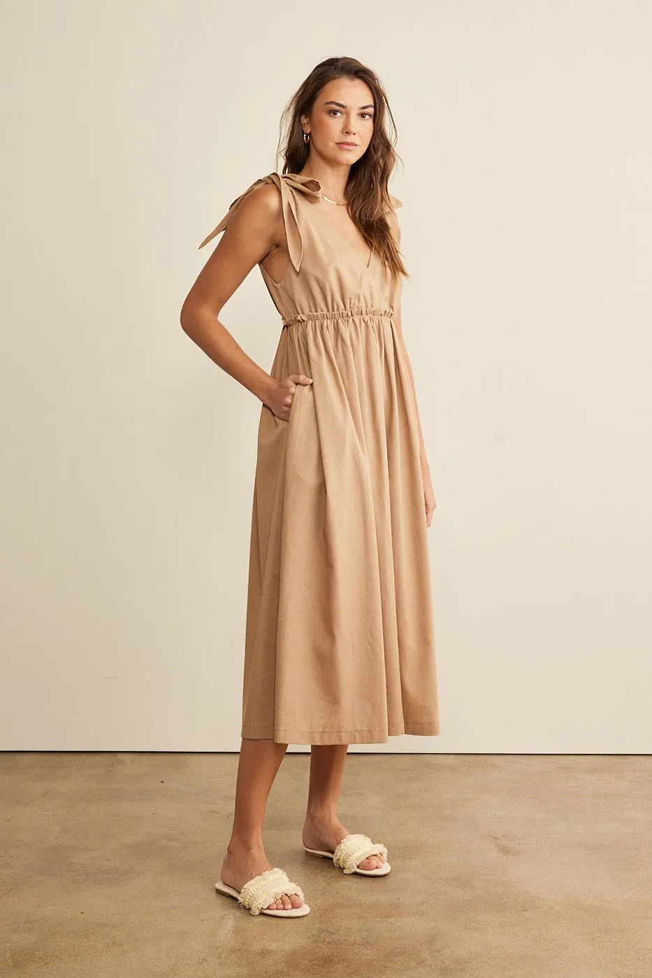 Mocha Linen Shoulder Tie Midi Dress sold by Pinkblush product image thumbnail 3