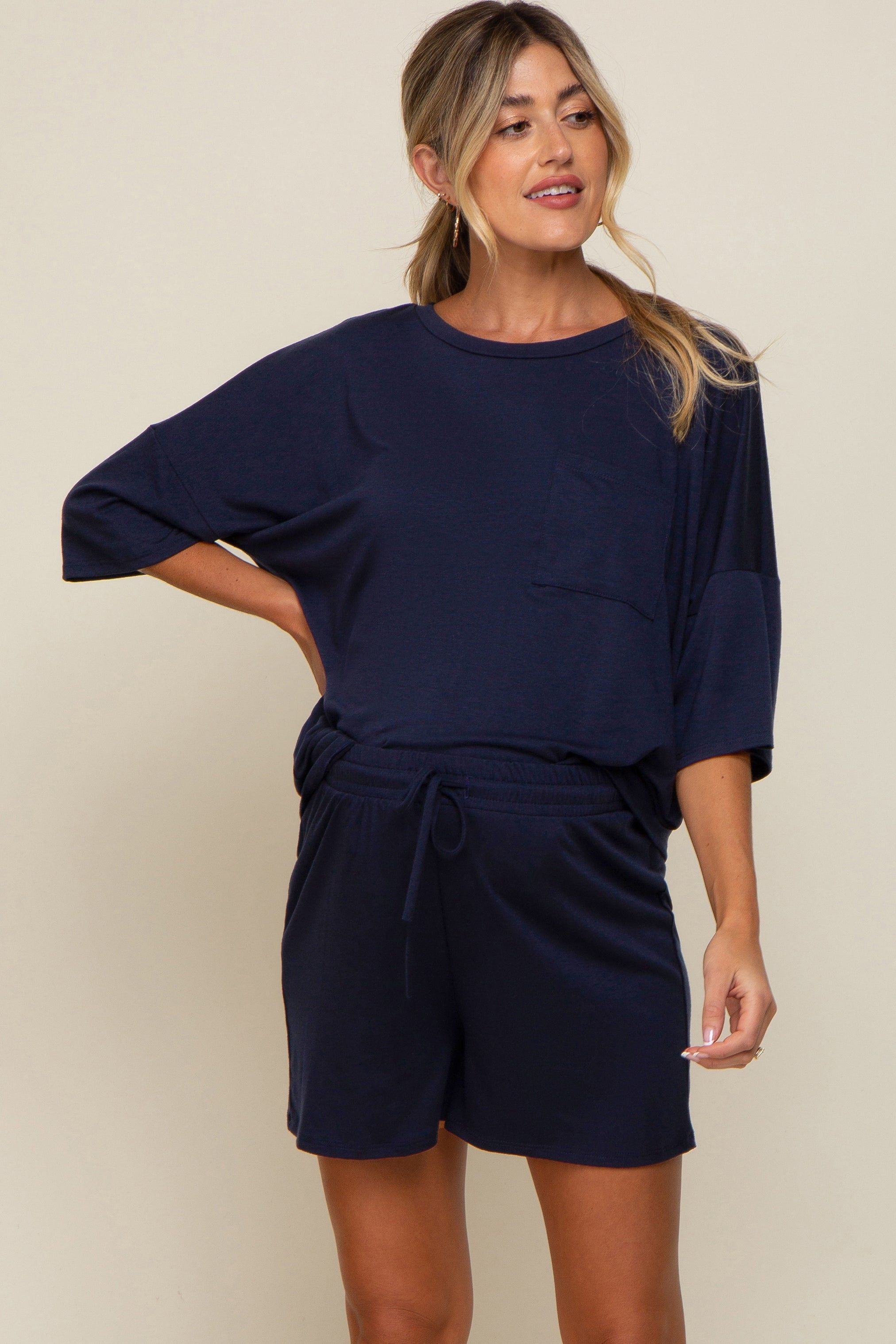 Navy Blue Pocket Front Short Sleeve Maternity Pajama Short Set sold by Pinkblush product image thumbnail 2