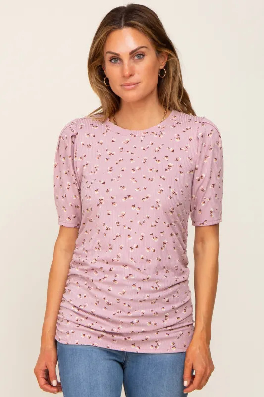 Mauve Floral Side Ruched Short Sleeve Top sold by Pinkblush