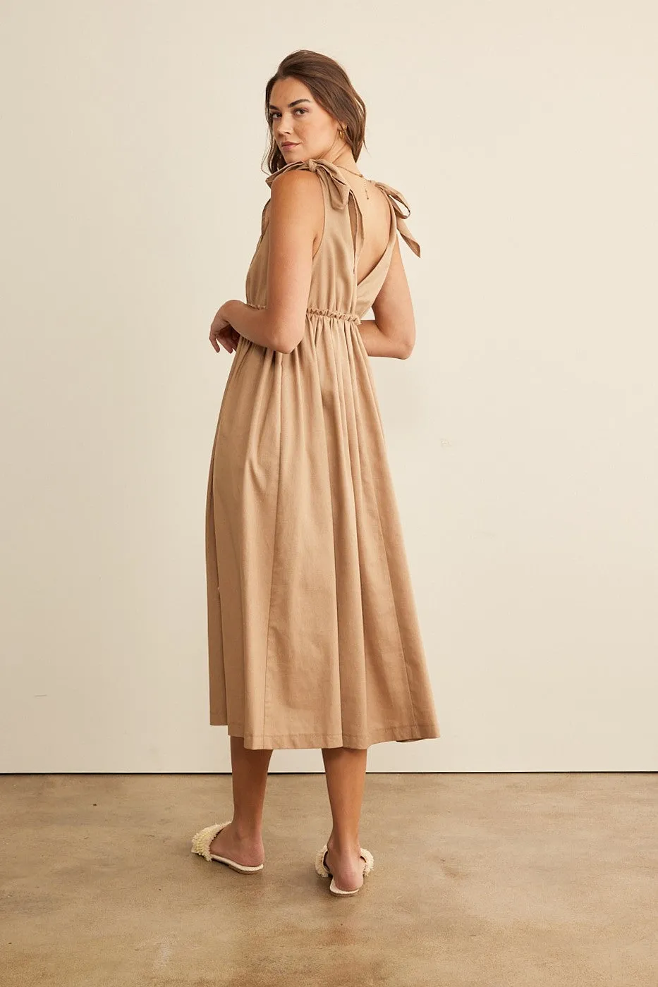 Mocha Linen Shoulder Tie Midi Dress sold by Pinkblush product image thumbnail 4