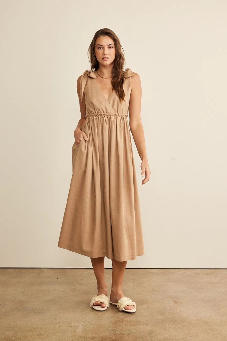 Mocha Linen Shoulder Tie Midi Dress sold by Pinkblush
