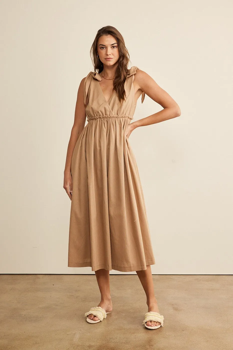 Mocha Linen Shoulder Tie Midi Dress sold by Pinkblush product image thumbnail 2
