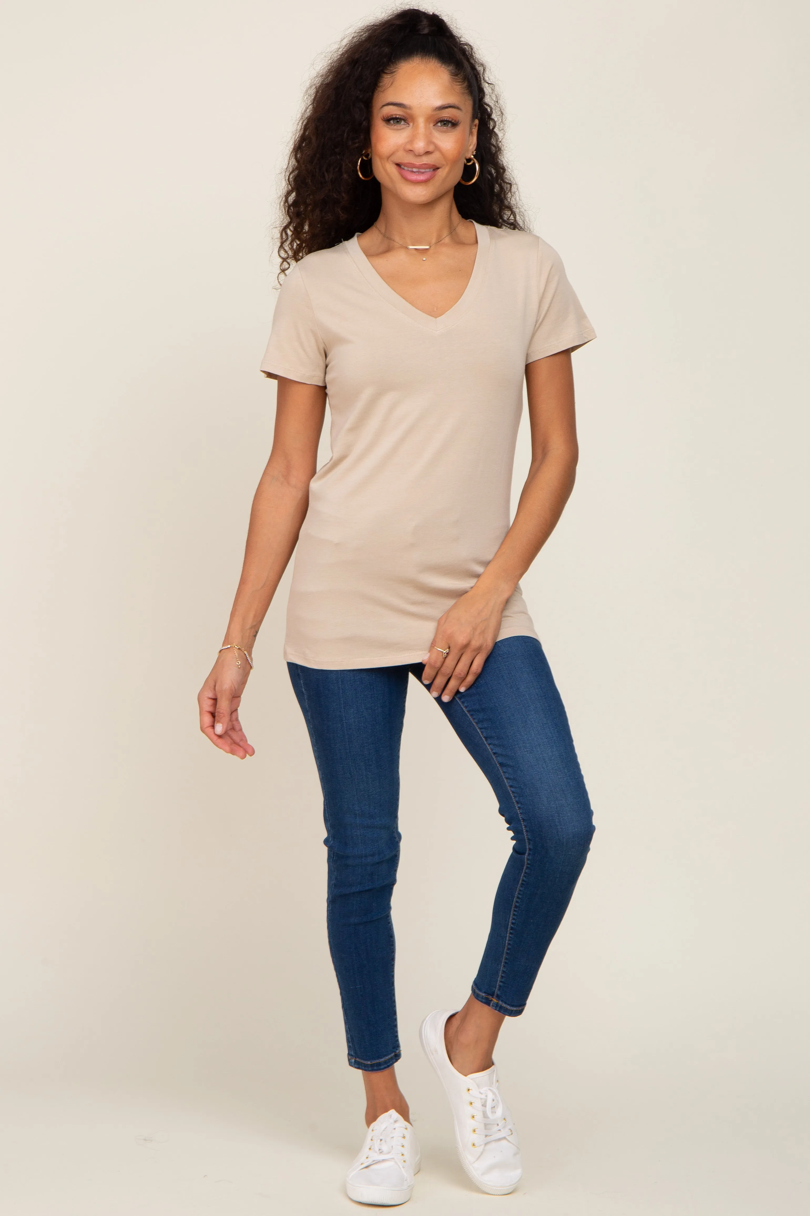 Beige Basic V-Neck Tee sold by Pinkblush product image thumbnail 4