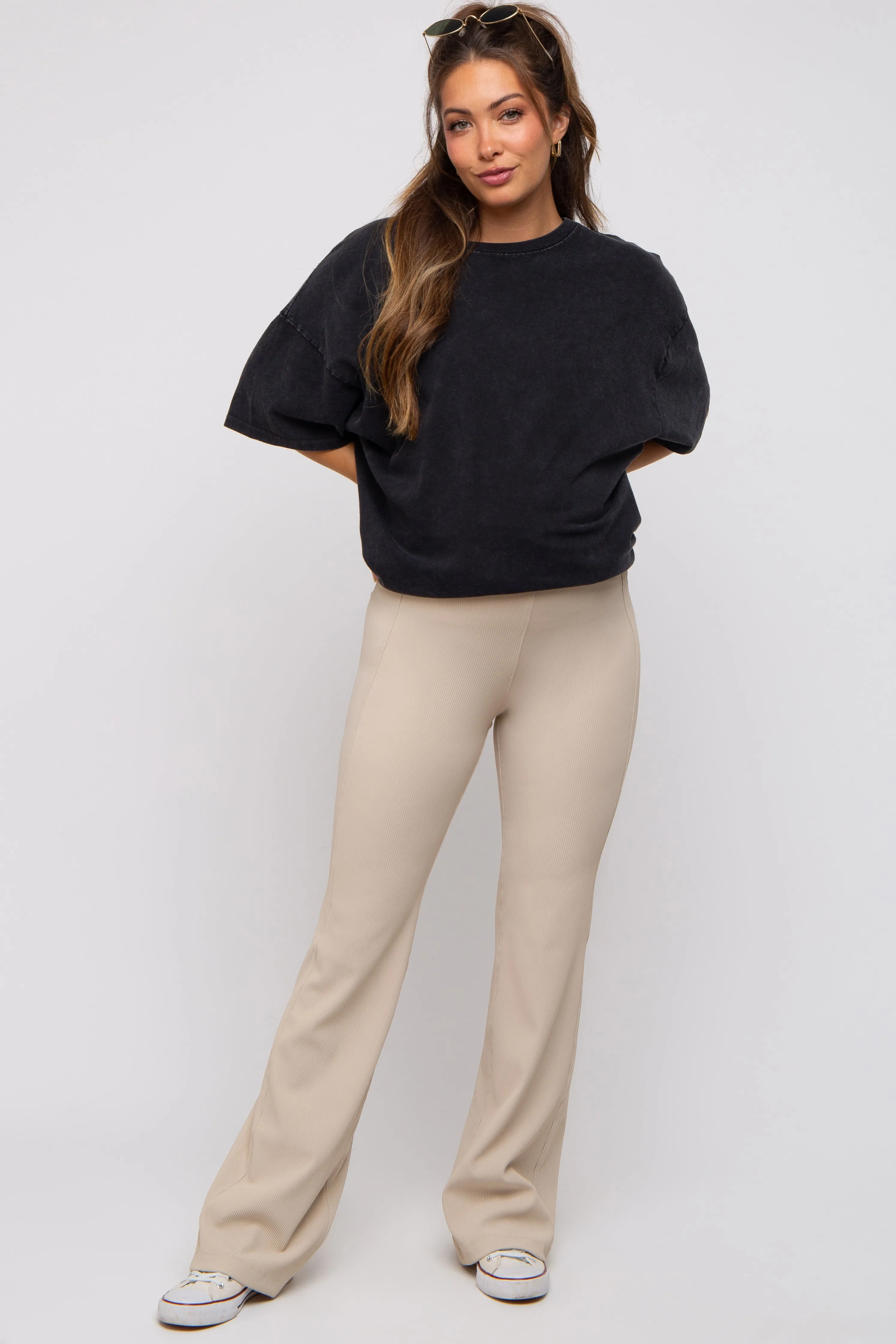 Cream Ribbed Maternity Flared Leggings sold by Pinkblush product image thumbnail 5