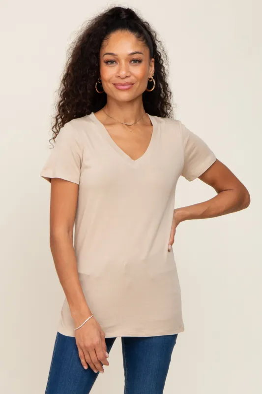 Beige Basic V-Neck Tee sold by Pinkblush