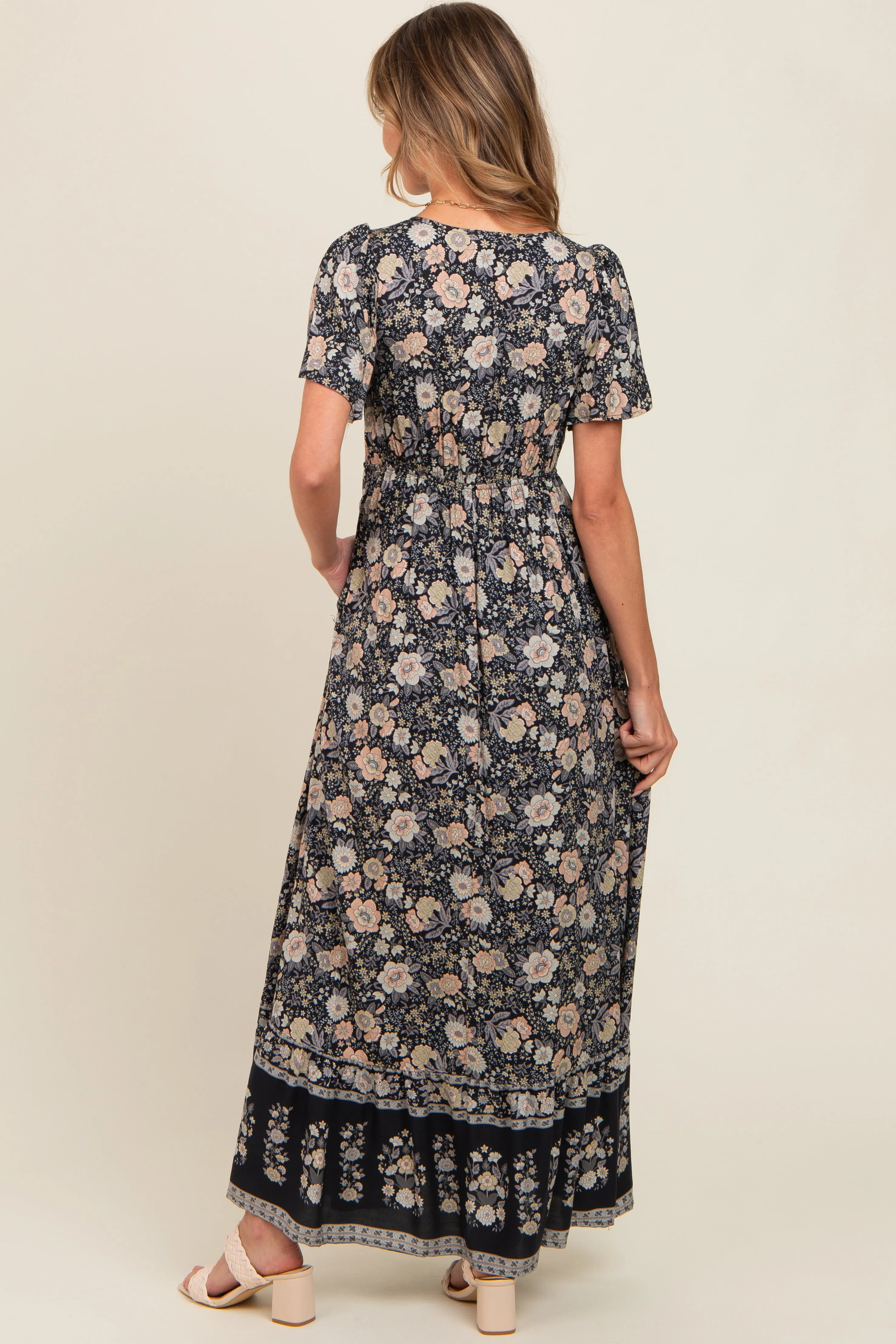 Black Floral Border Printed Woven Short Sleeve V-Neck Maxi Dress sold by Pinkblush product image thumbnail 3