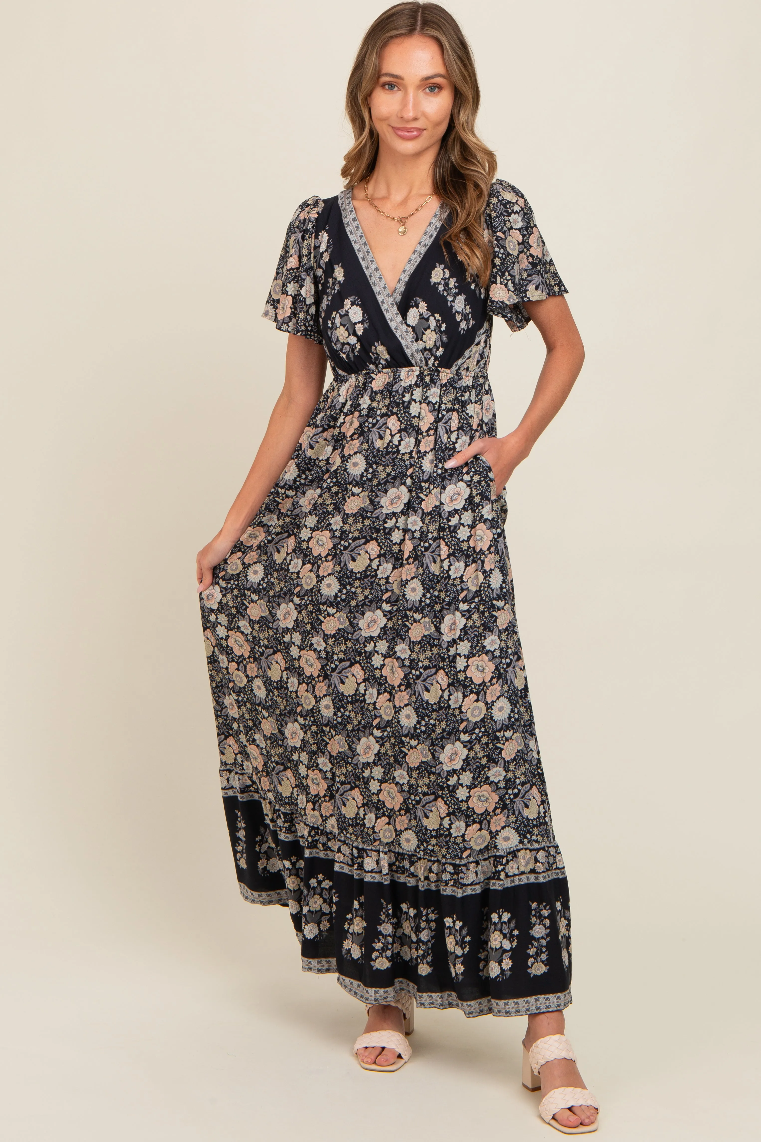 Black Floral Border Printed Woven Short Sleeve V-Neck Maxi Dress sold by Pinkblush