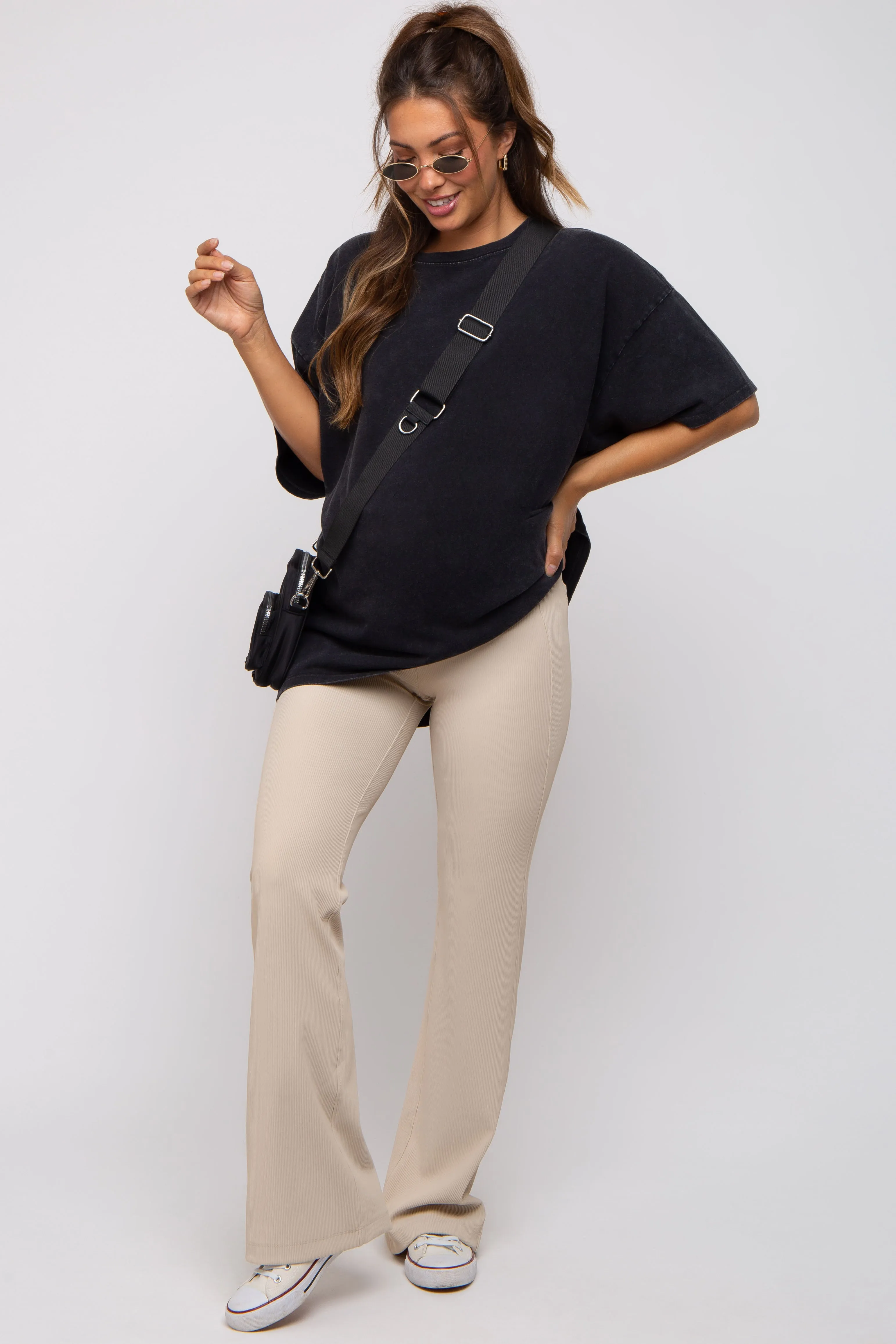 Cream Ribbed Maternity Flared Leggings sold by Pinkblush