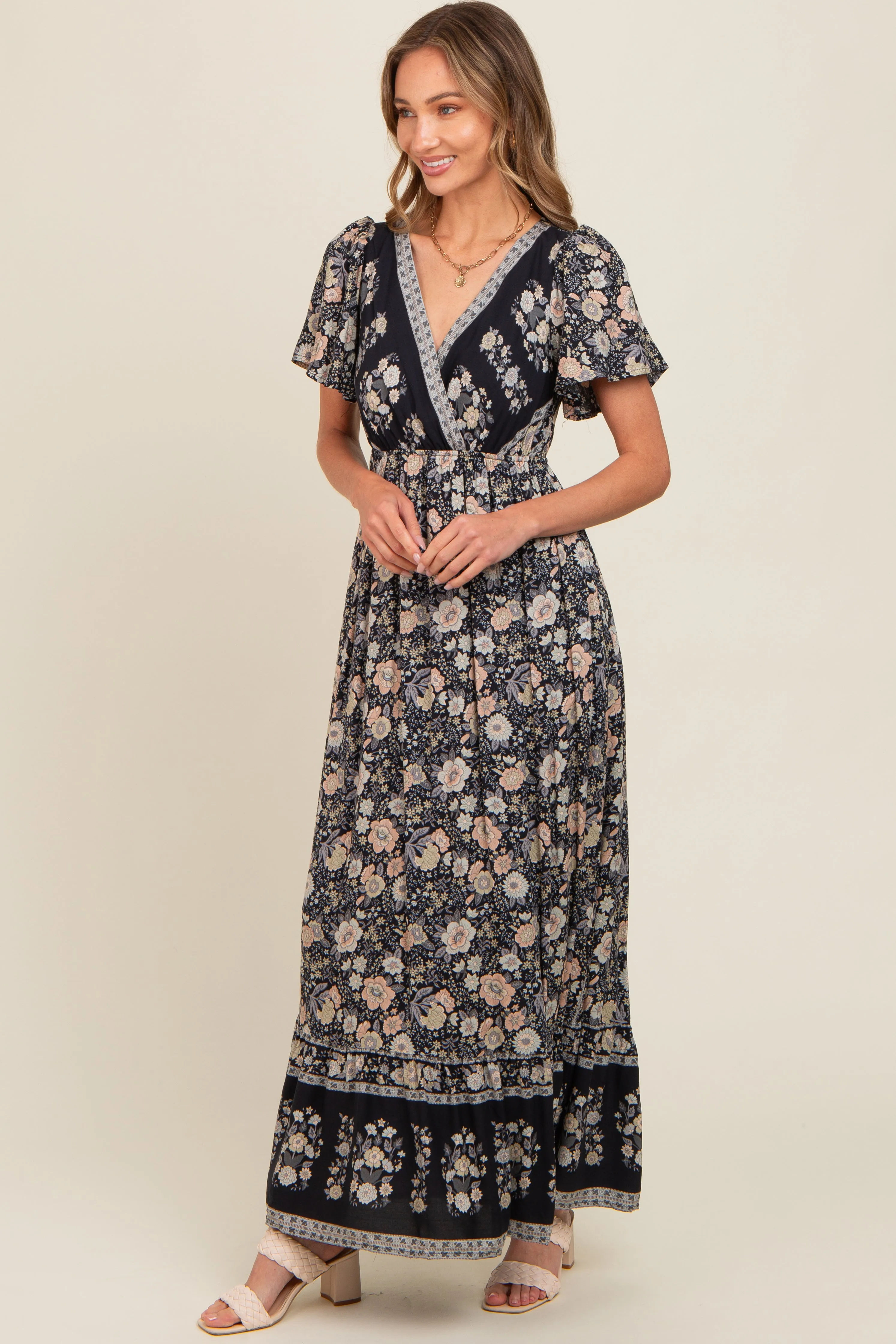 Black Floral Border Printed Woven Short Sleeve V-Neck Maxi Dress sold by Pinkblush product image thumbnail 2