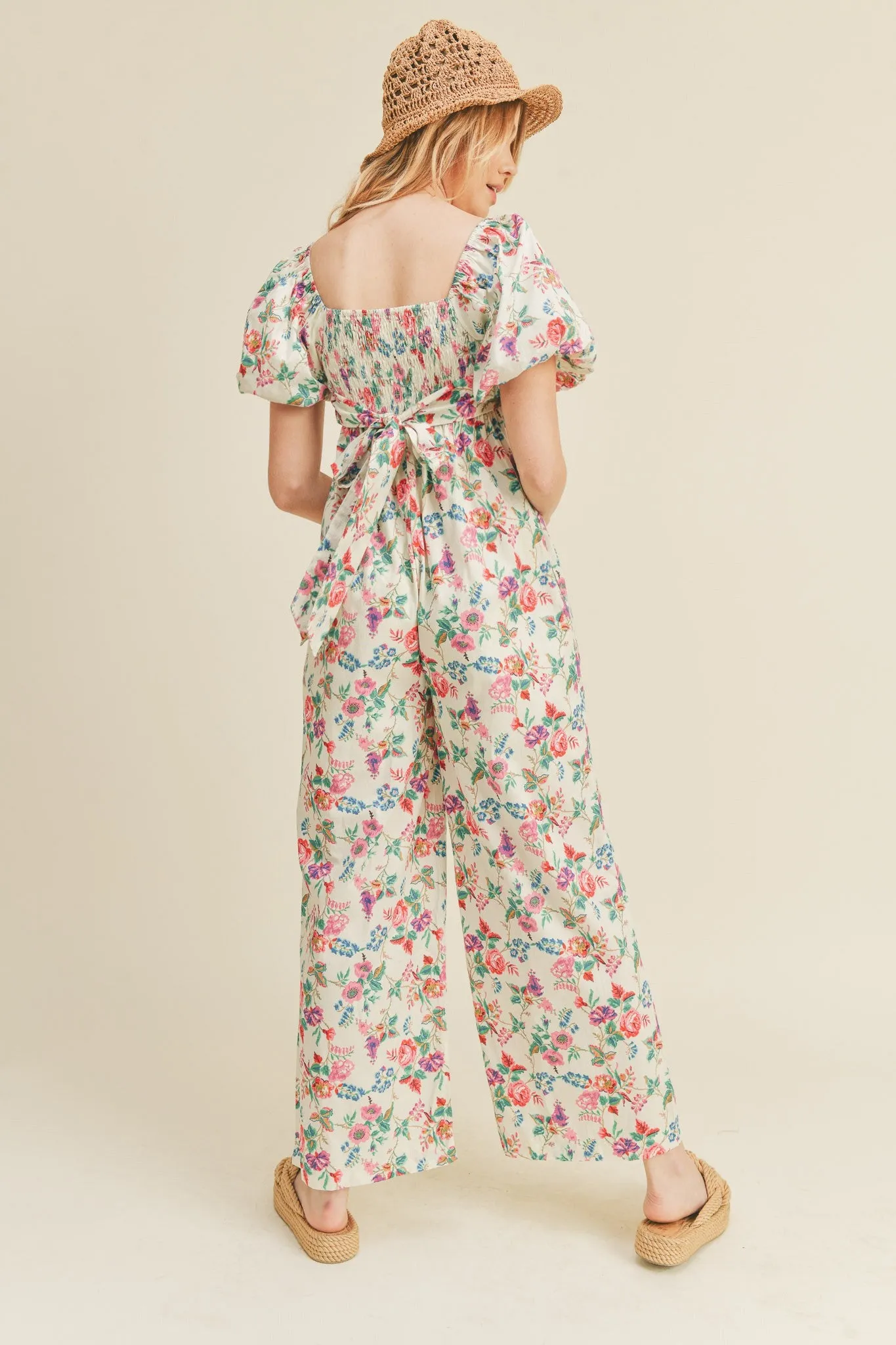 Ivory Floral Wide Leg Puff Sleeve Jumpsuit sold by Pinkblush product image thumbnail 3