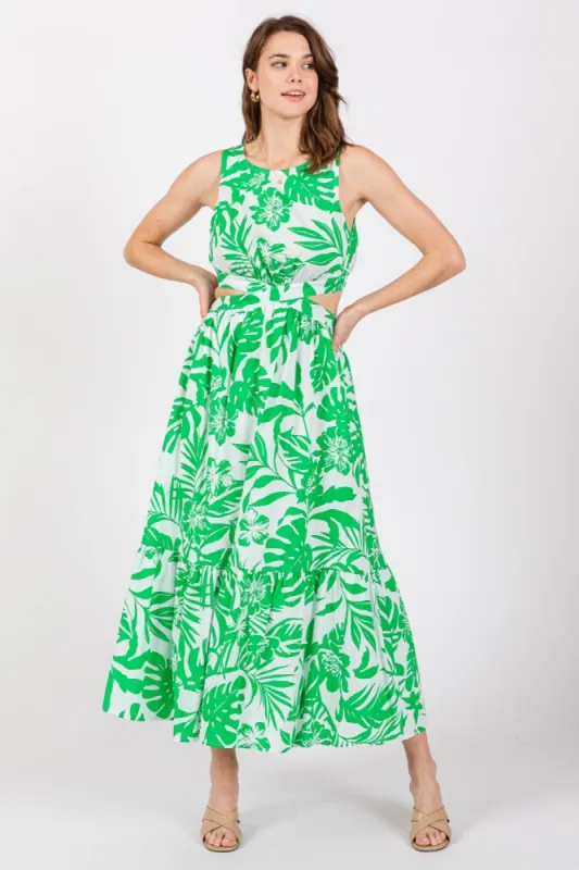 Green Floral Side Cutout Ruffle Midi Dress sold by Pinkblush
