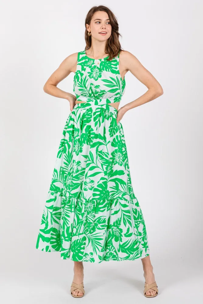 Green Floral Side Cutout Ruffle Midi Dress sold by Pinkblush
