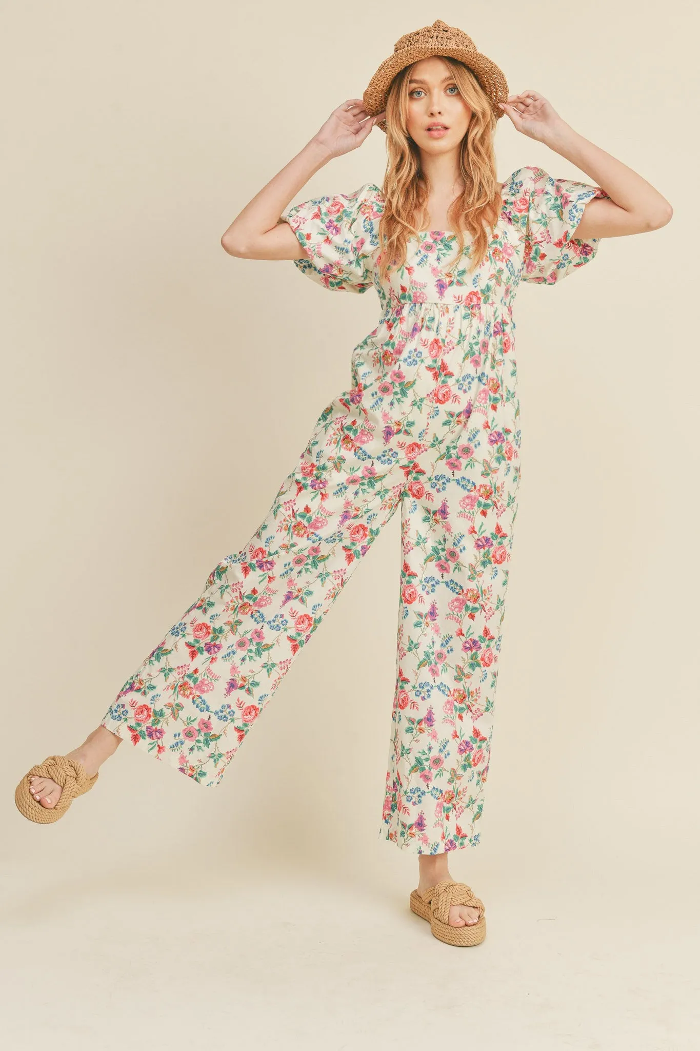 Ivory Floral Wide Leg Puff Sleeve Jumpsuit sold by Pinkblush product image thumbnail 4