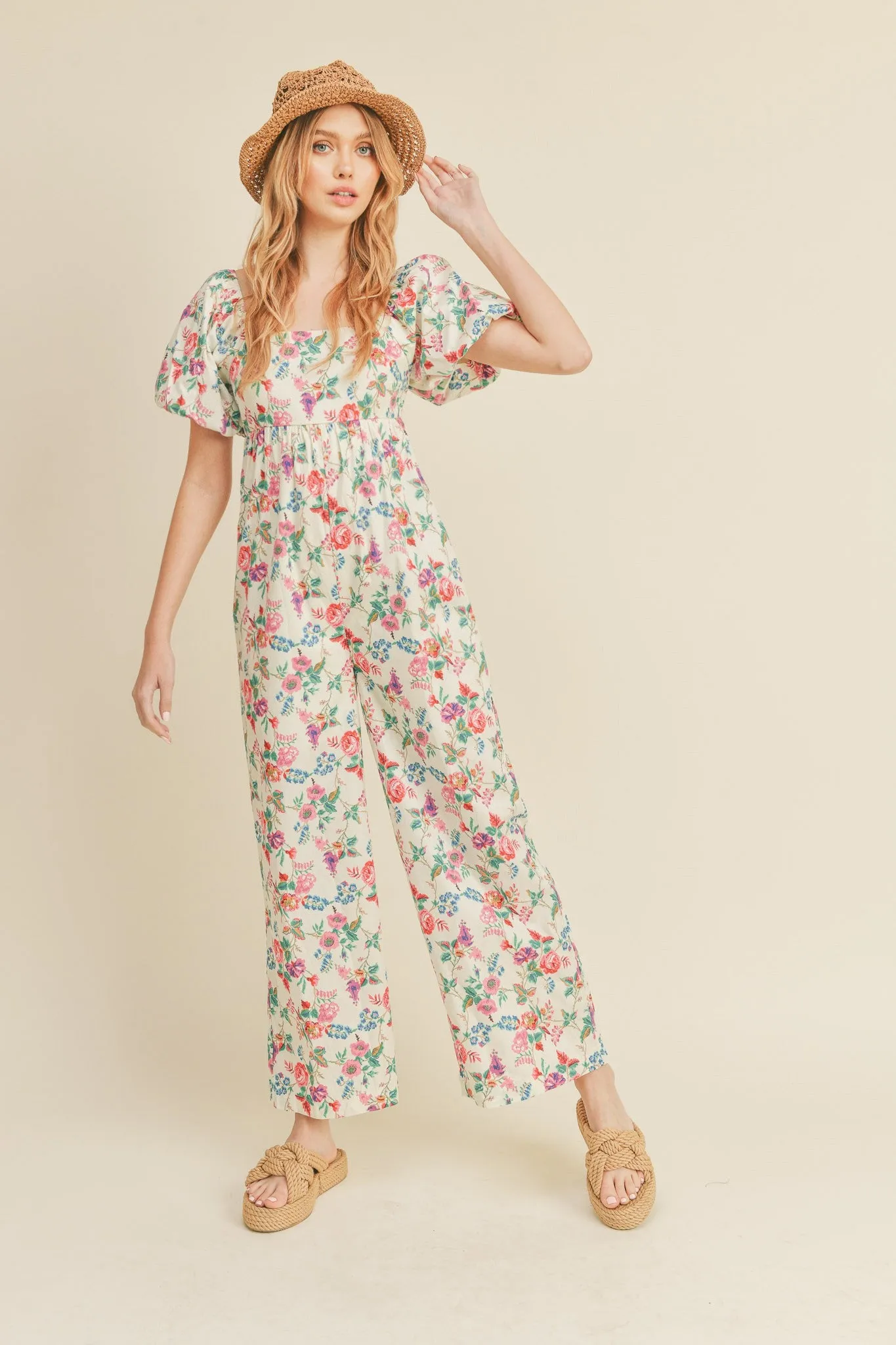Ivory Floral Wide Leg Puff Sleeve Jumpsuit sold by Pinkblush