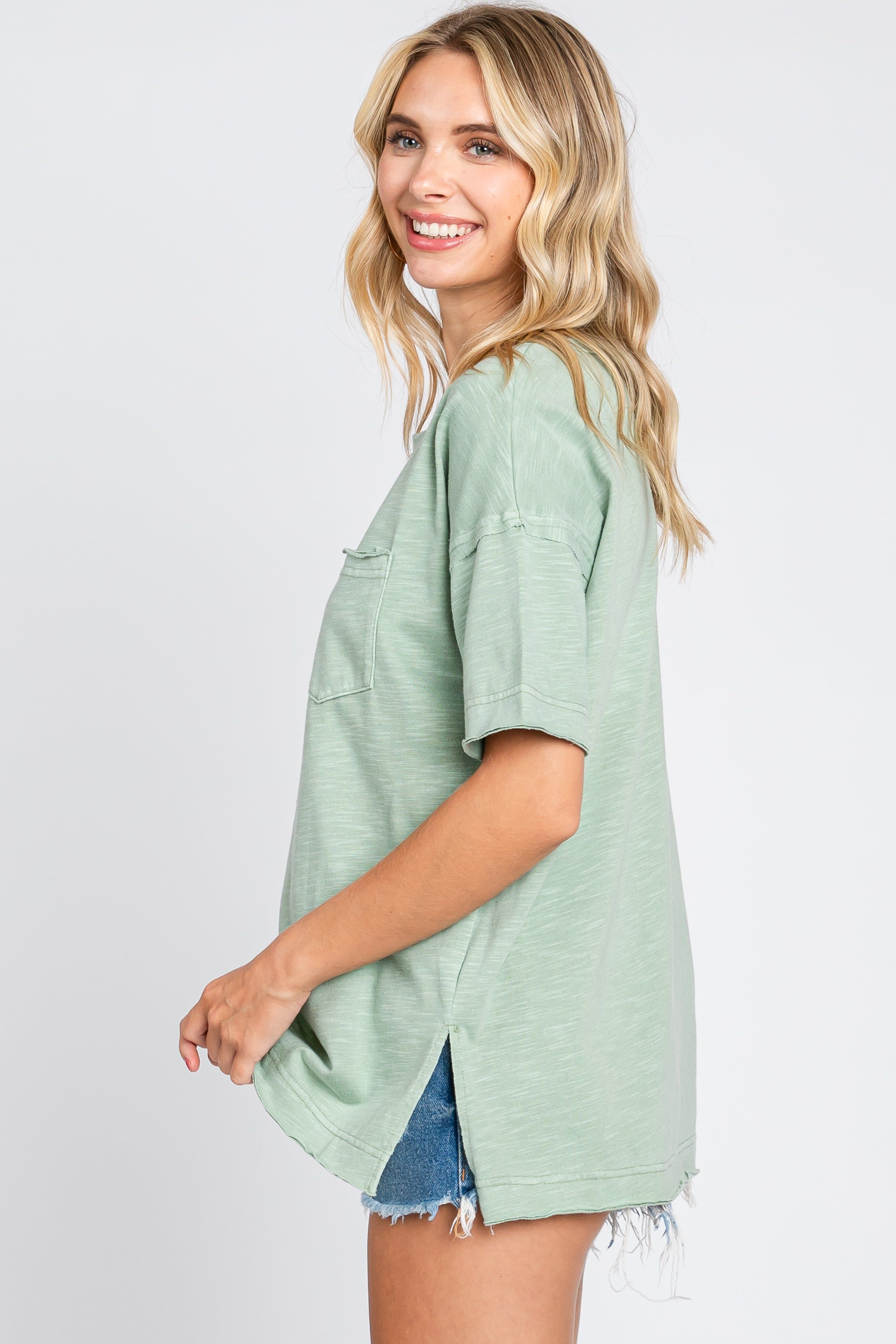 Light Olive Raw Hem Front Pocket T-Shirt sold by Pinkblush product image thumbnail 2