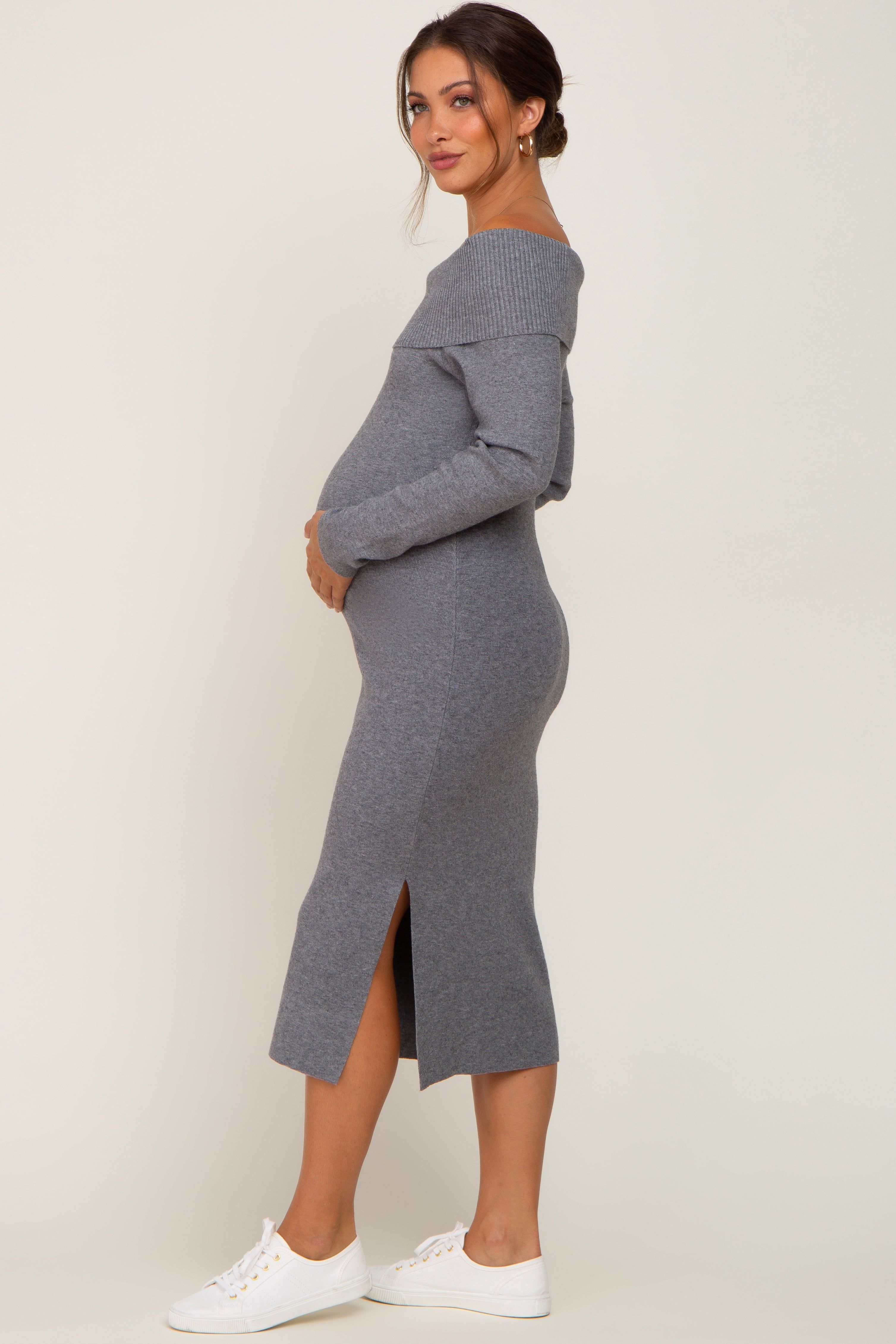 Heather Grey Off Shoulder Maternity Sweater Dress sold by Pinkblush product image thumbnail 2