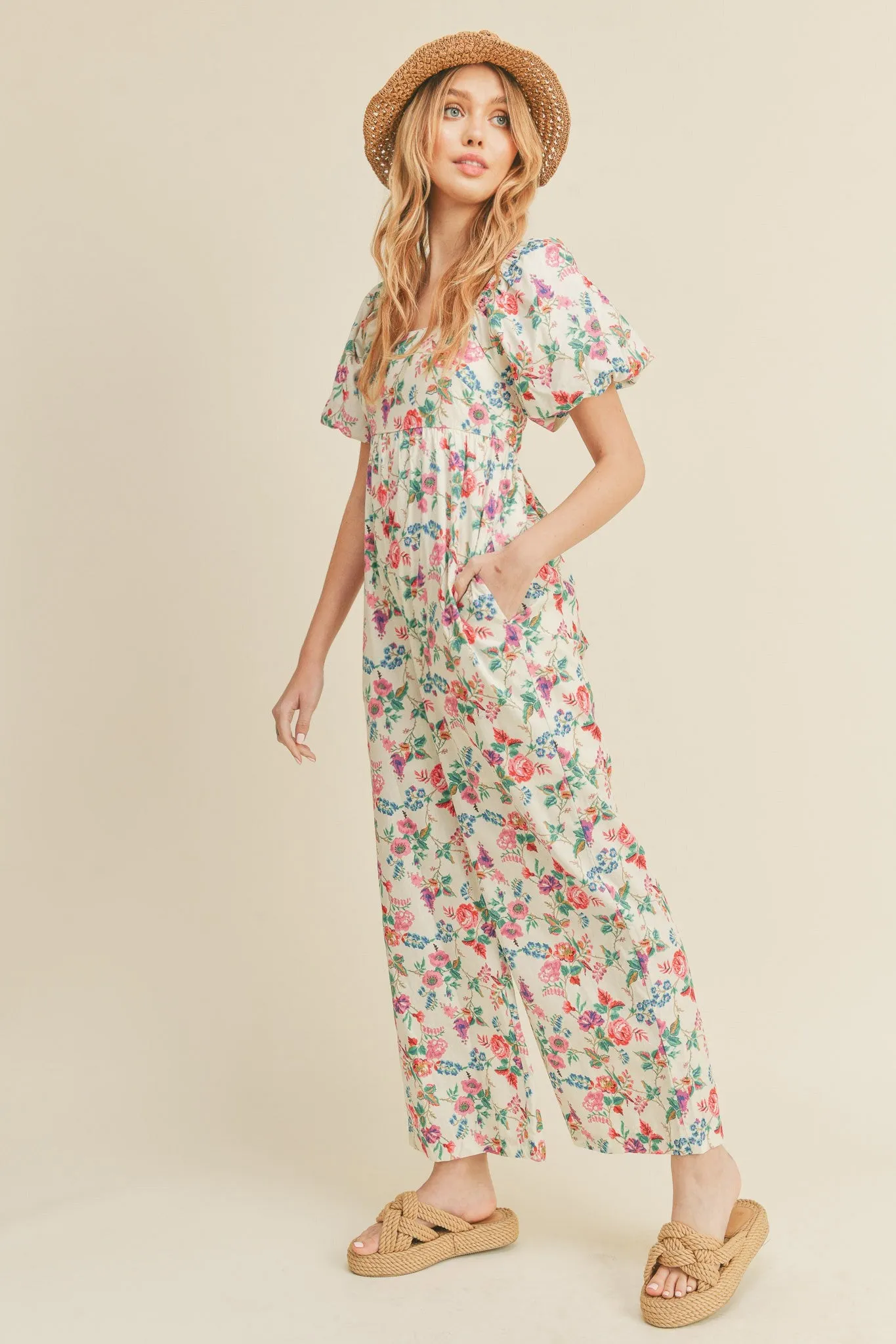 Ivory Floral Wide Leg Puff Sleeve Jumpsuit sold by Pinkblush product image thumbnail 2