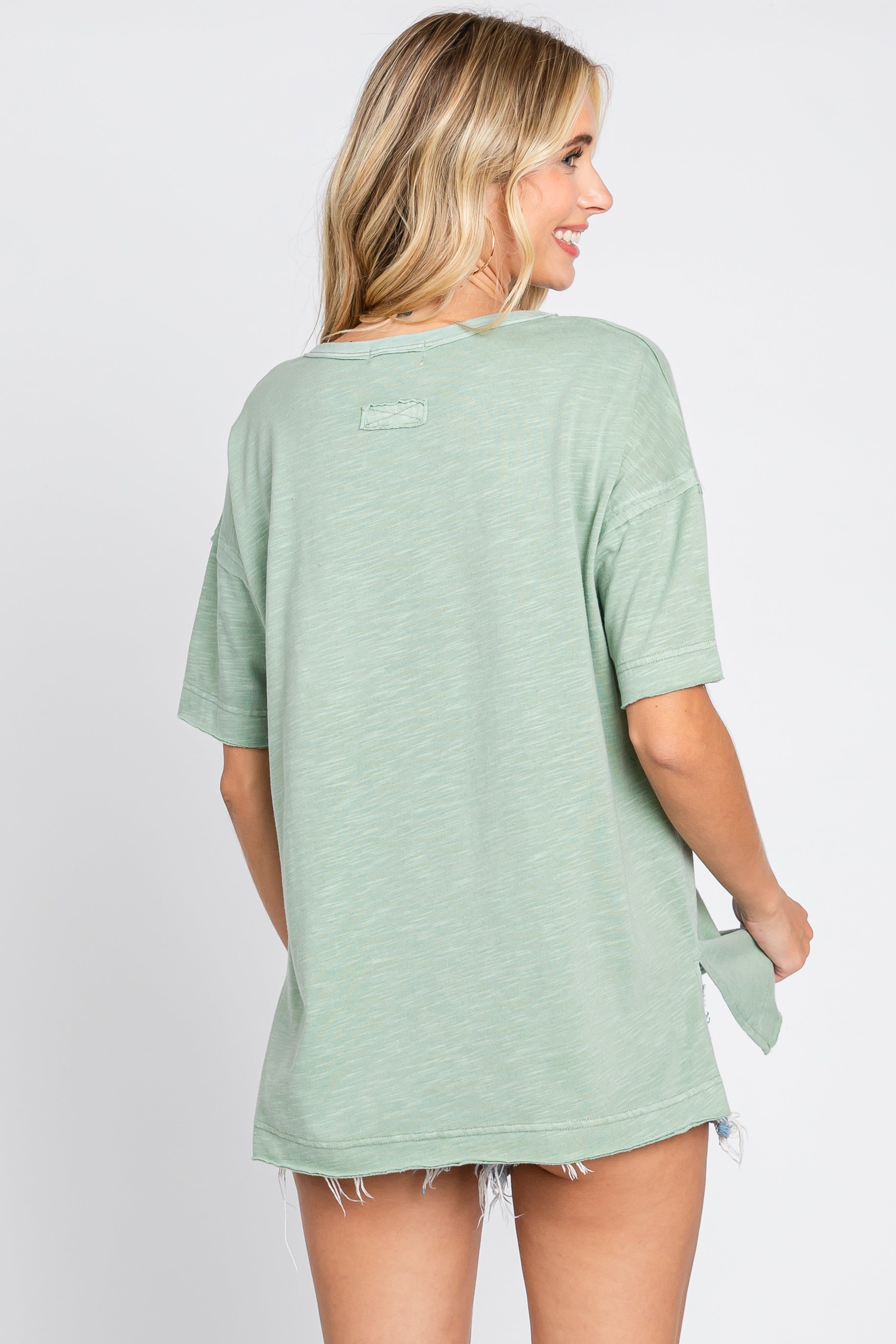 Light Olive Raw Hem Front Pocket T-Shirt sold by Pinkblush product image thumbnail 3