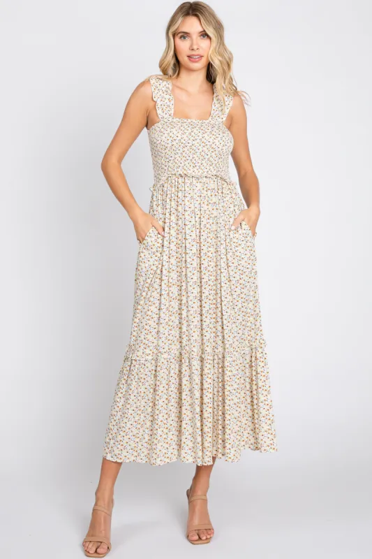Cream Floral Sleeveless Smocked Ruffle Midi Dress sold by Pinkblush
