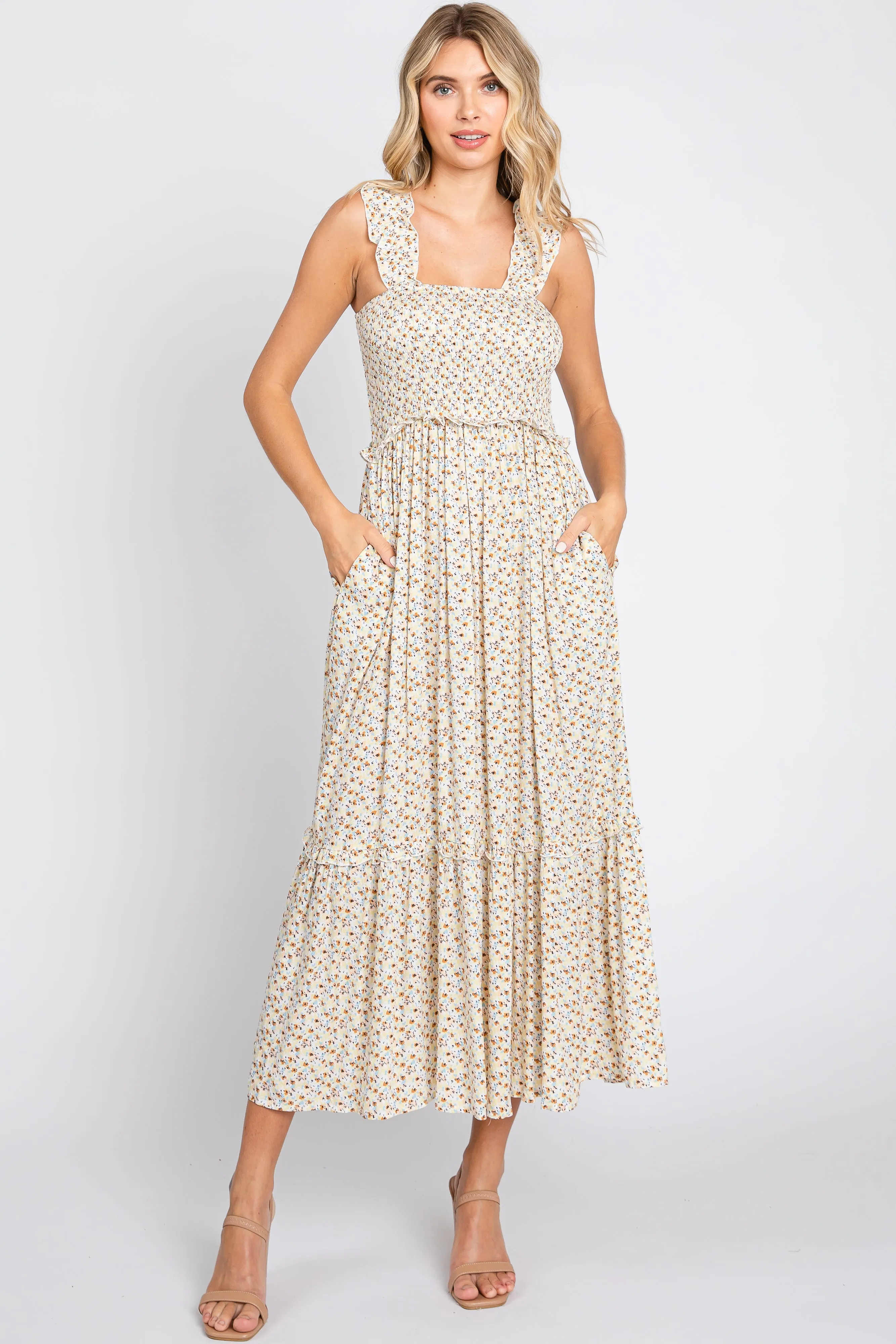 Cream Floral Sleeveless Smocked Ruffle Midi Dress sold by Pinkblush