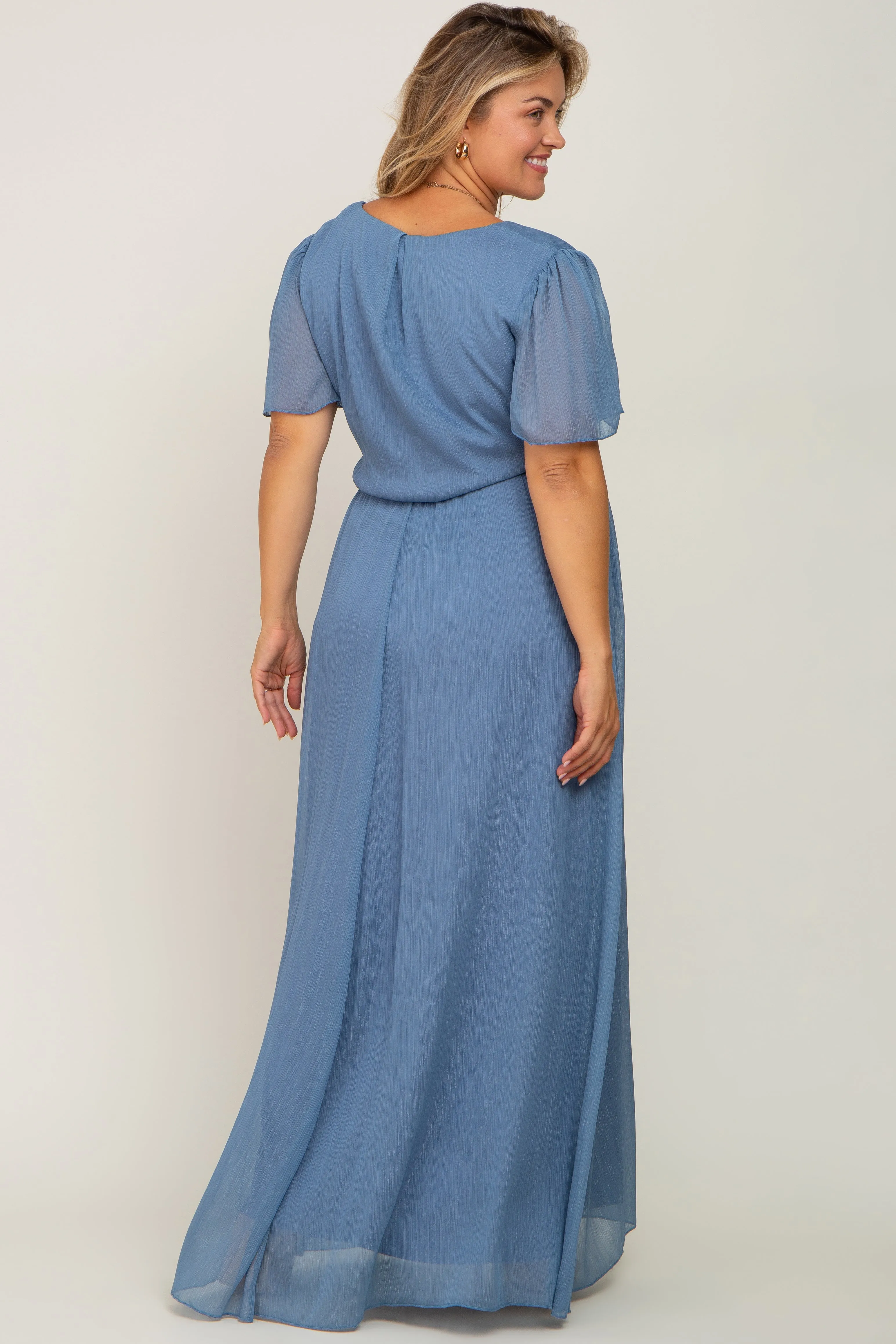 Blue Metallic Shimmer Chiffon Maternity Plus Maxi Dress sold by Pinkblush product image thumbnail 3