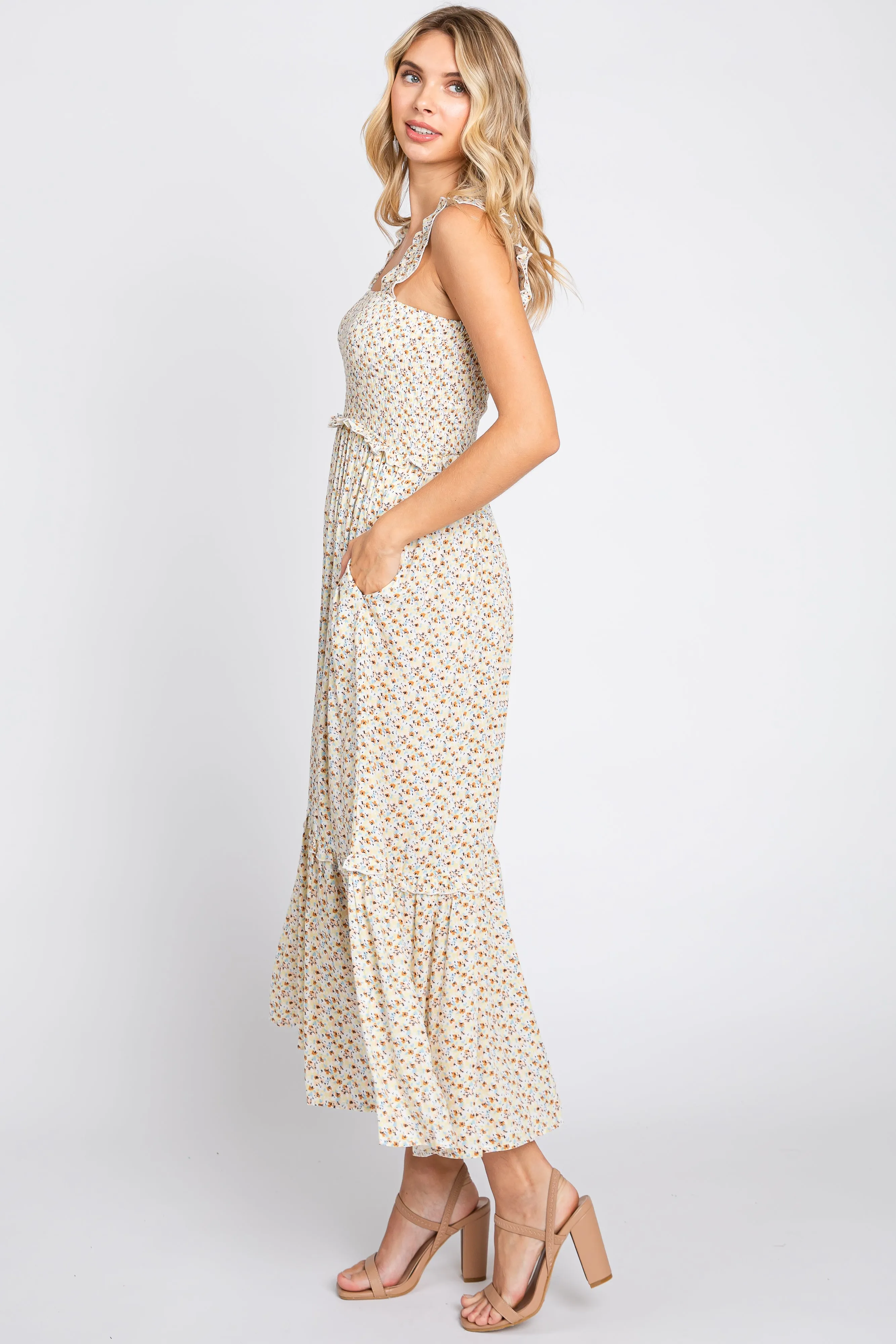 Cream Floral Sleeveless Smocked Ruffle Midi Dress sold by Pinkblush product image thumbnail 2