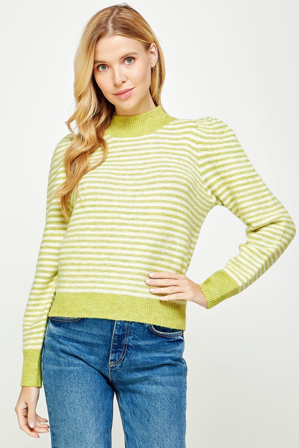 Lime Multi Striped Pattern Mock Neck Sweater sold by Pinkblush