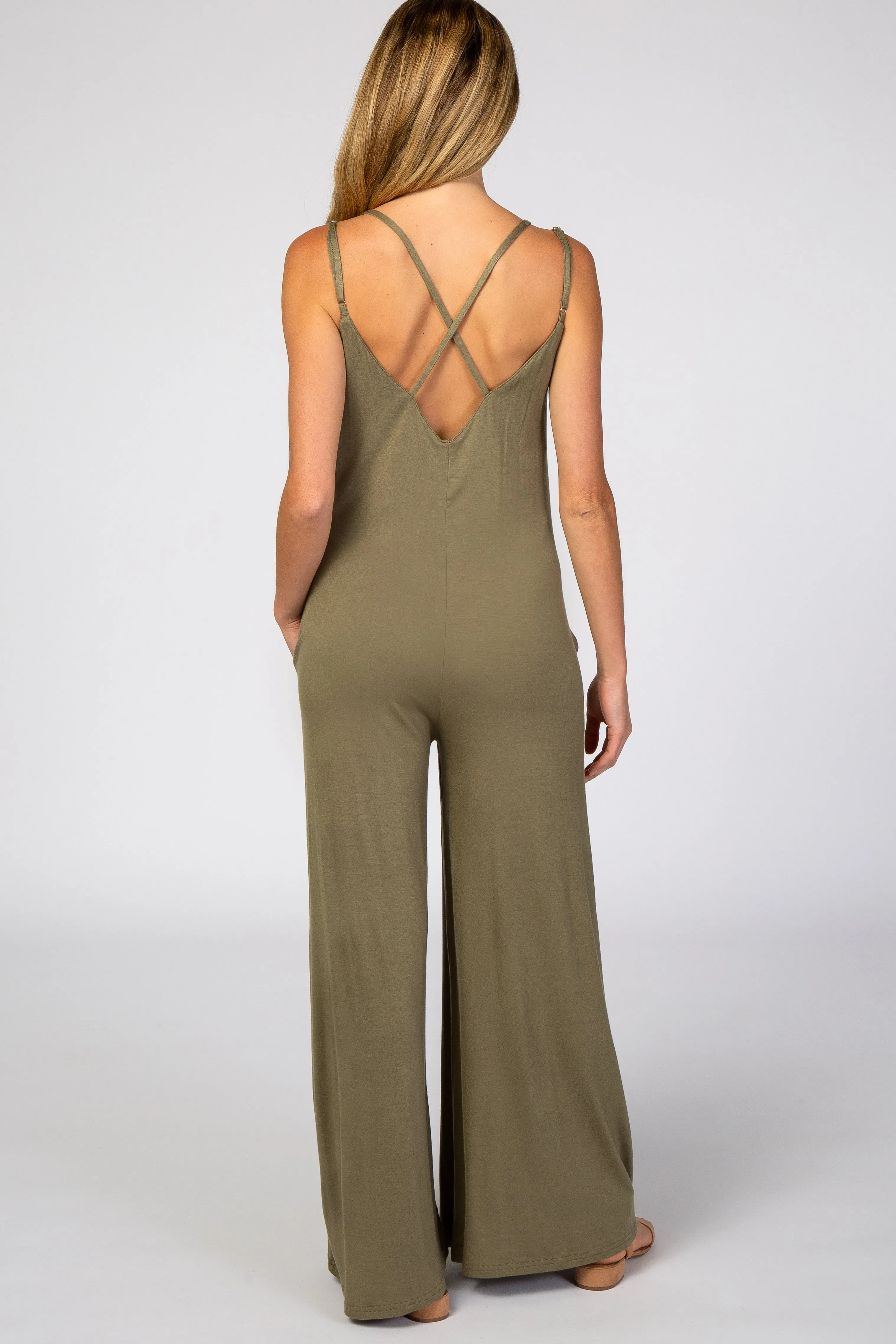Light Olive Cross Back Wide Leg Maternity Jumpsuit sold by Pinkblush product image thumbnail 3