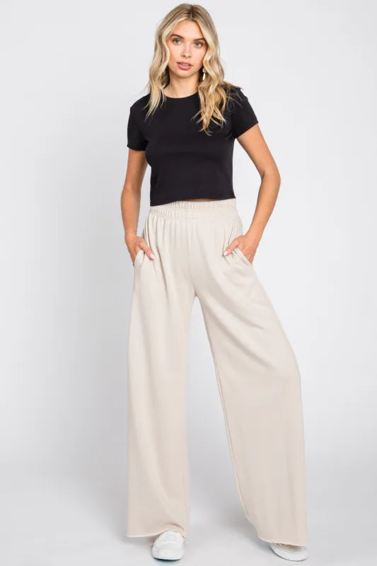 Beige Soft Fleece Wide Leg Lounge Pants sold by Pinkblush