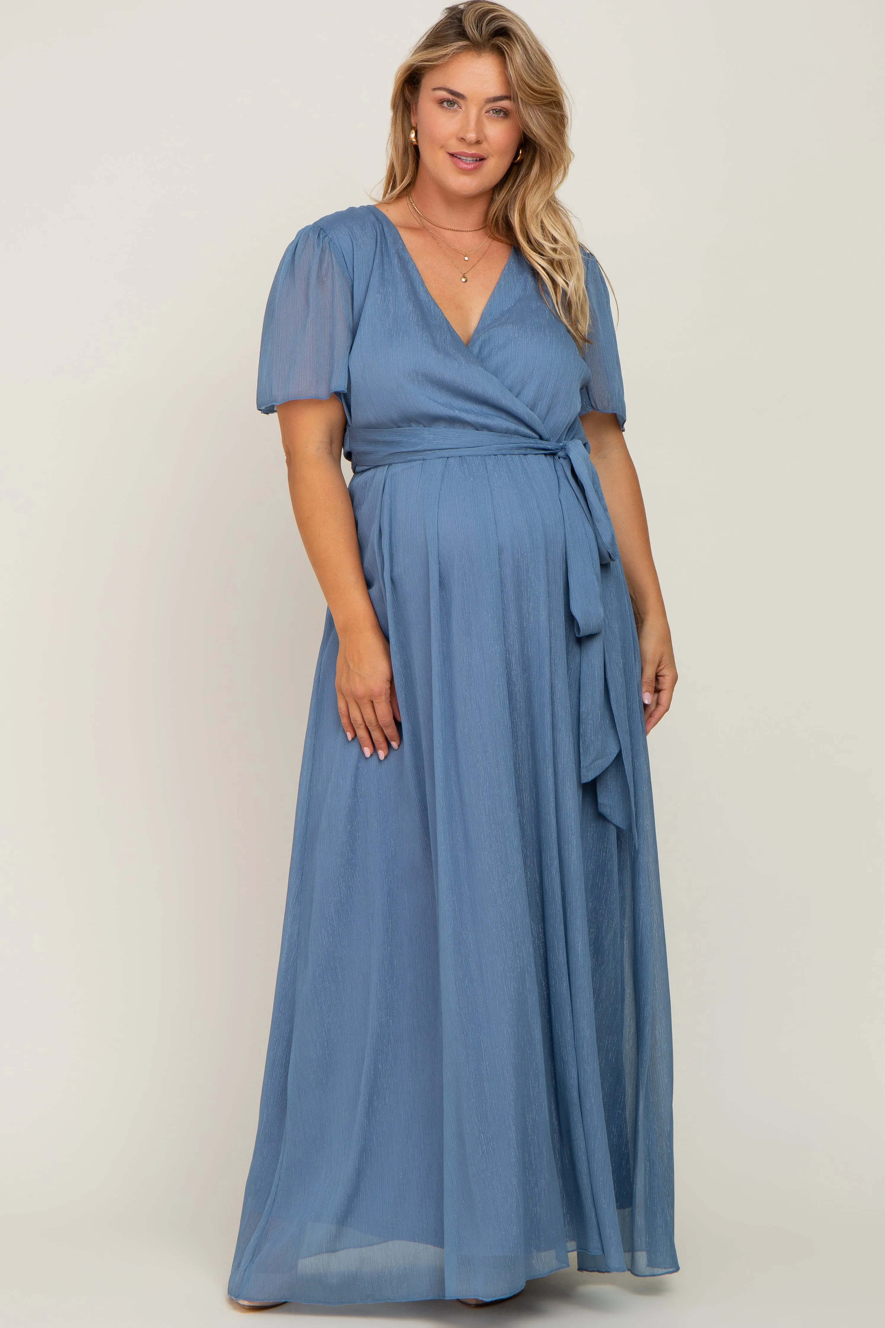 Blue Metallic Shimmer Chiffon Maternity Plus Maxi Dress sold by Pinkblush product image thumbnail 4