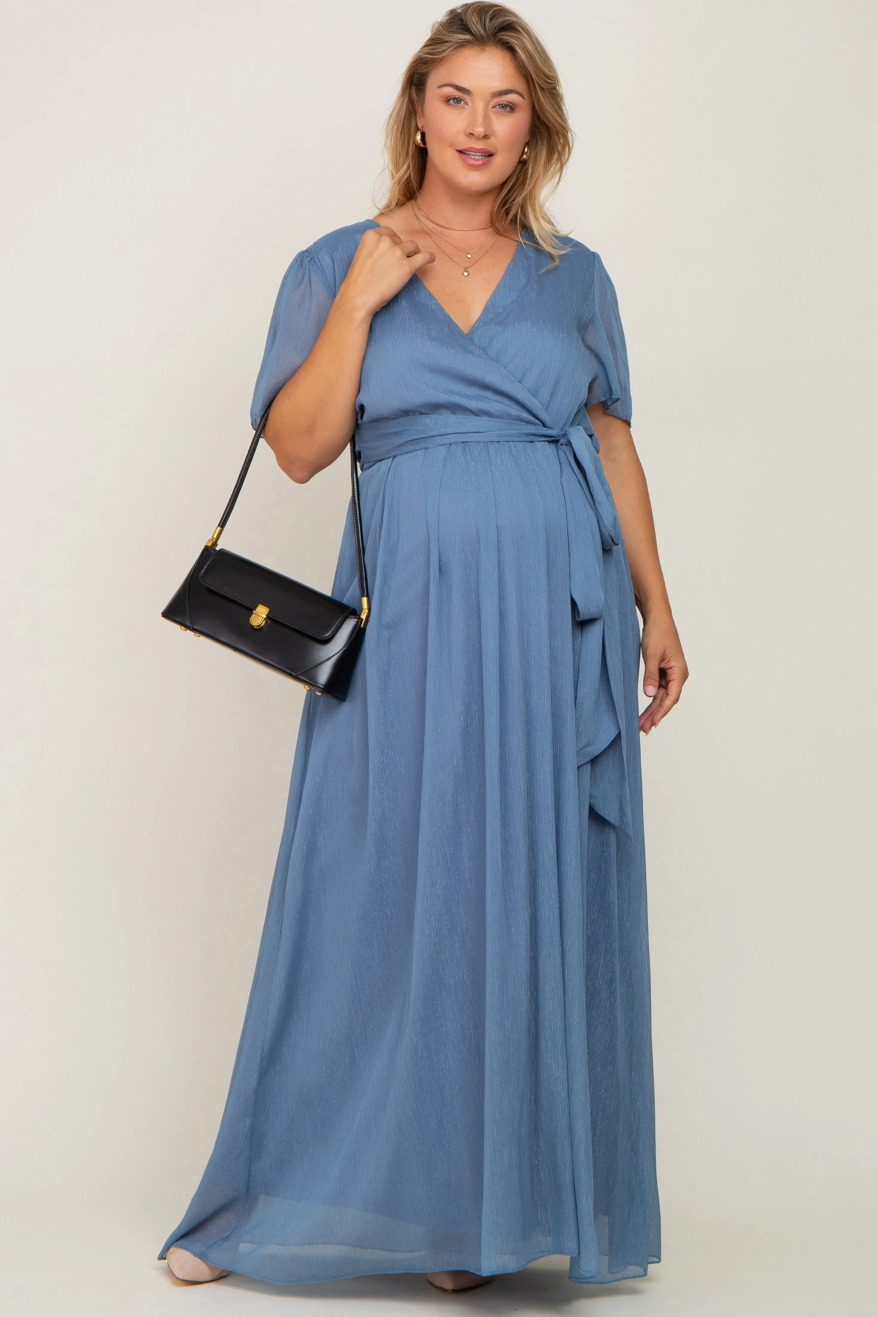 Blue Metallic Shimmer Chiffon Maternity Plus Maxi Dress sold by Pinkblush