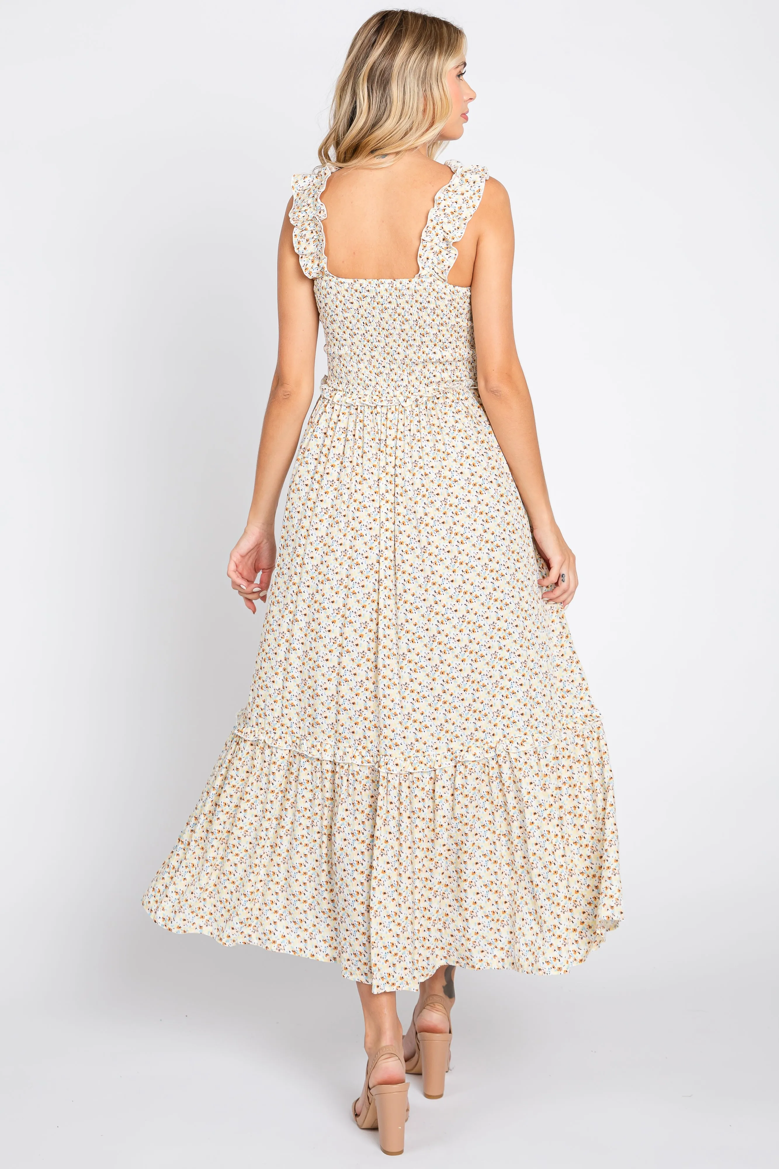 Cream Floral Sleeveless Smocked Ruffle Midi Dress sold by Pinkblush product image thumbnail 3