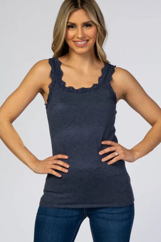 Navy Knit Lace Trim Tank sold by Pinkblush