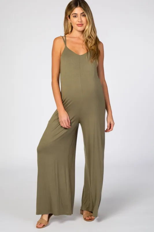 Light Olive Cross Back Wide Leg Maternity Jumpsuit sold by Pinkblush