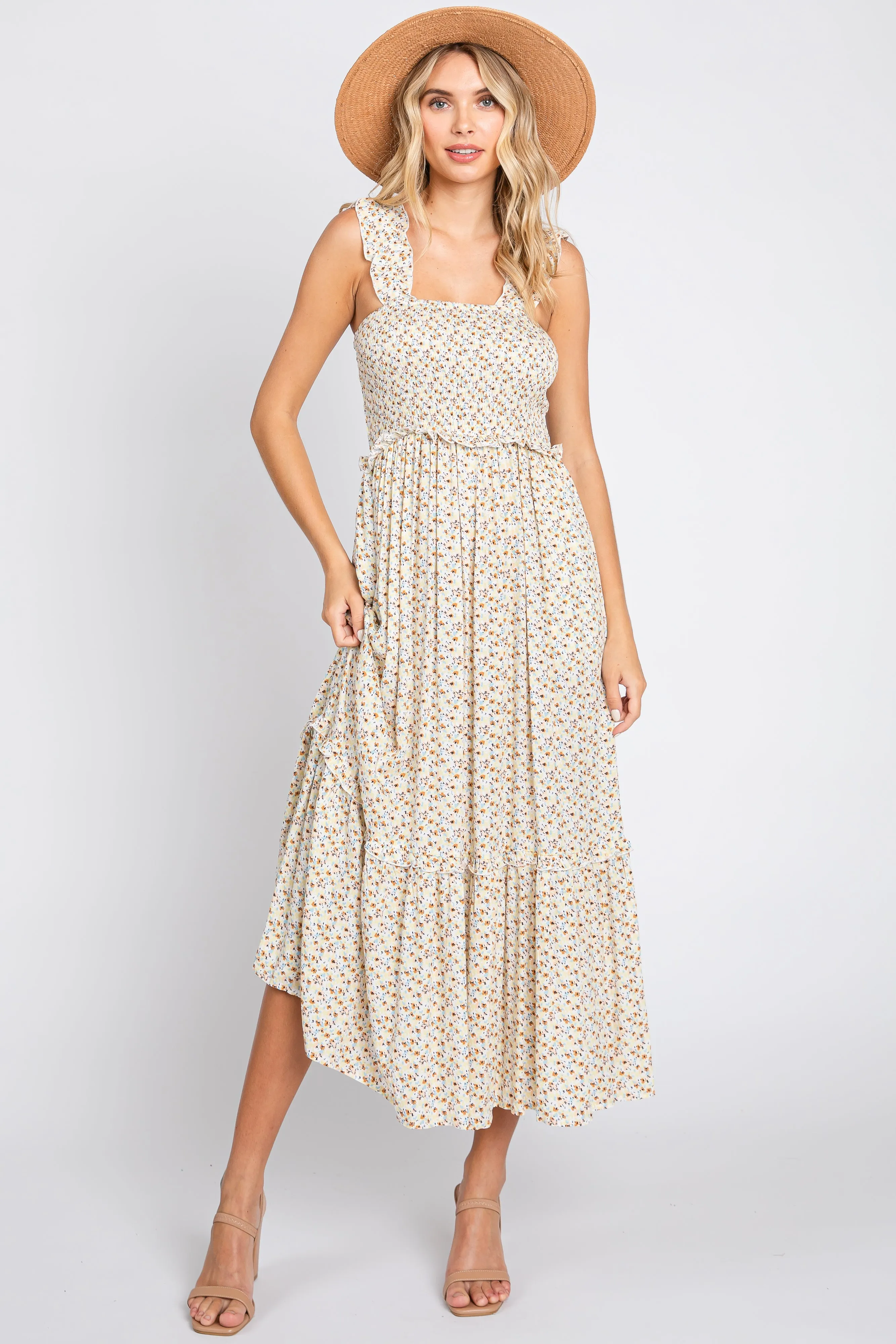 Cream Floral Sleeveless Smocked Ruffle Midi Dress sold by Pinkblush product image thumbnail 4