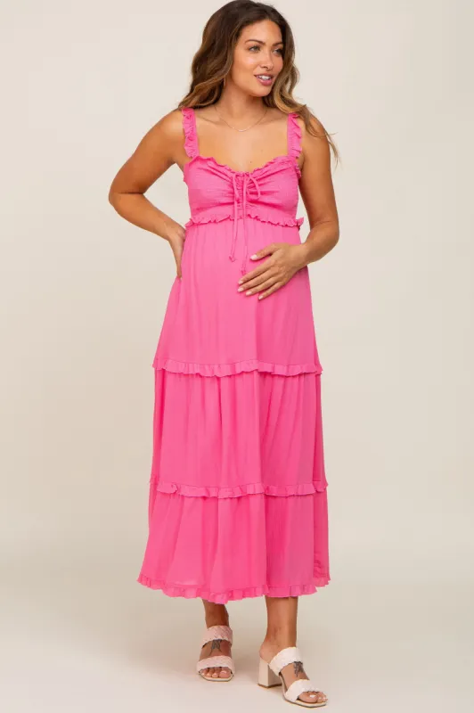 Pink Ruffle Accent Maternity Midi Dress sold by Pinkblush