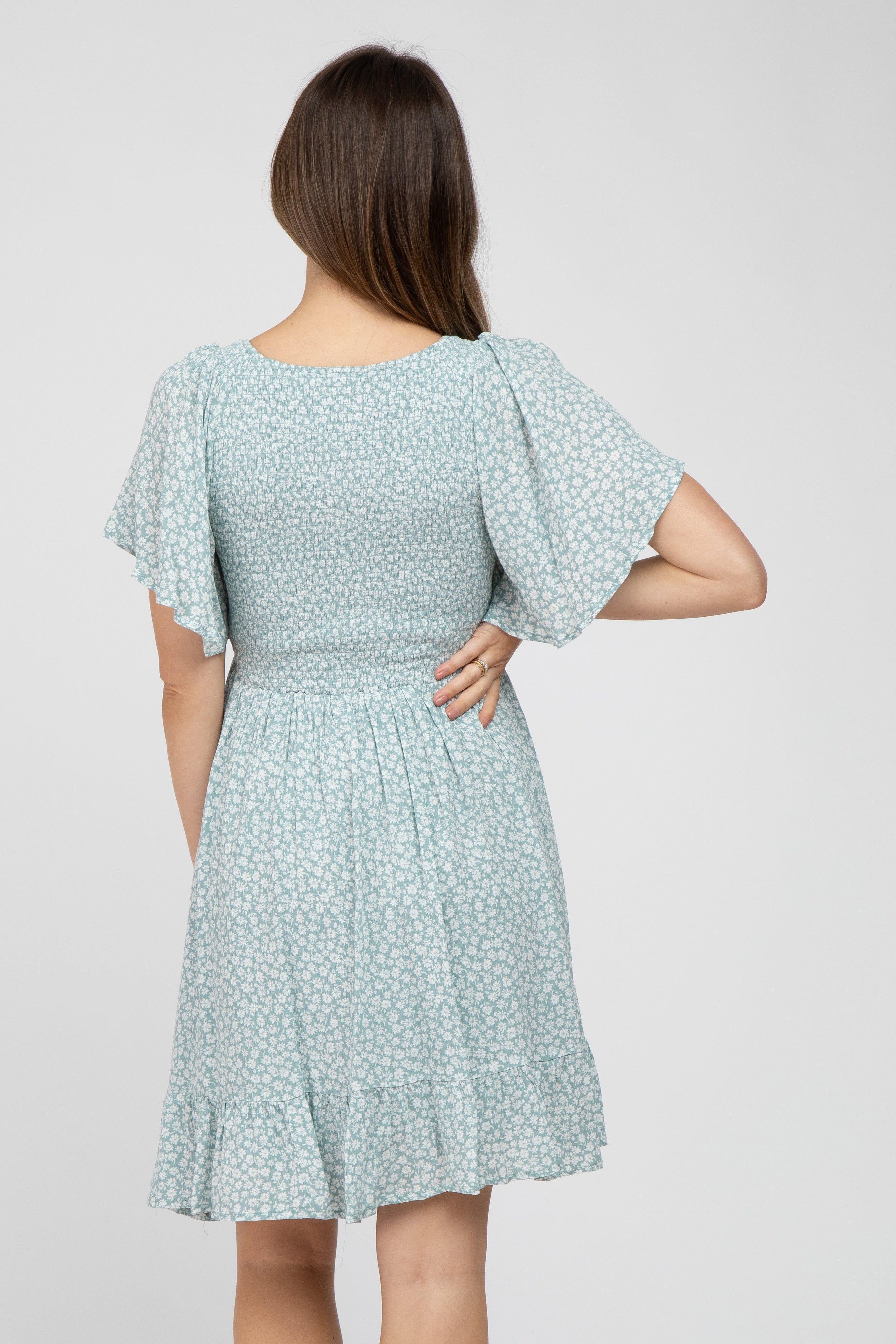 Mint Green Floral Print Smocked V-Neck Maternity Dress sold by Pinkblush product image thumbnail 3
