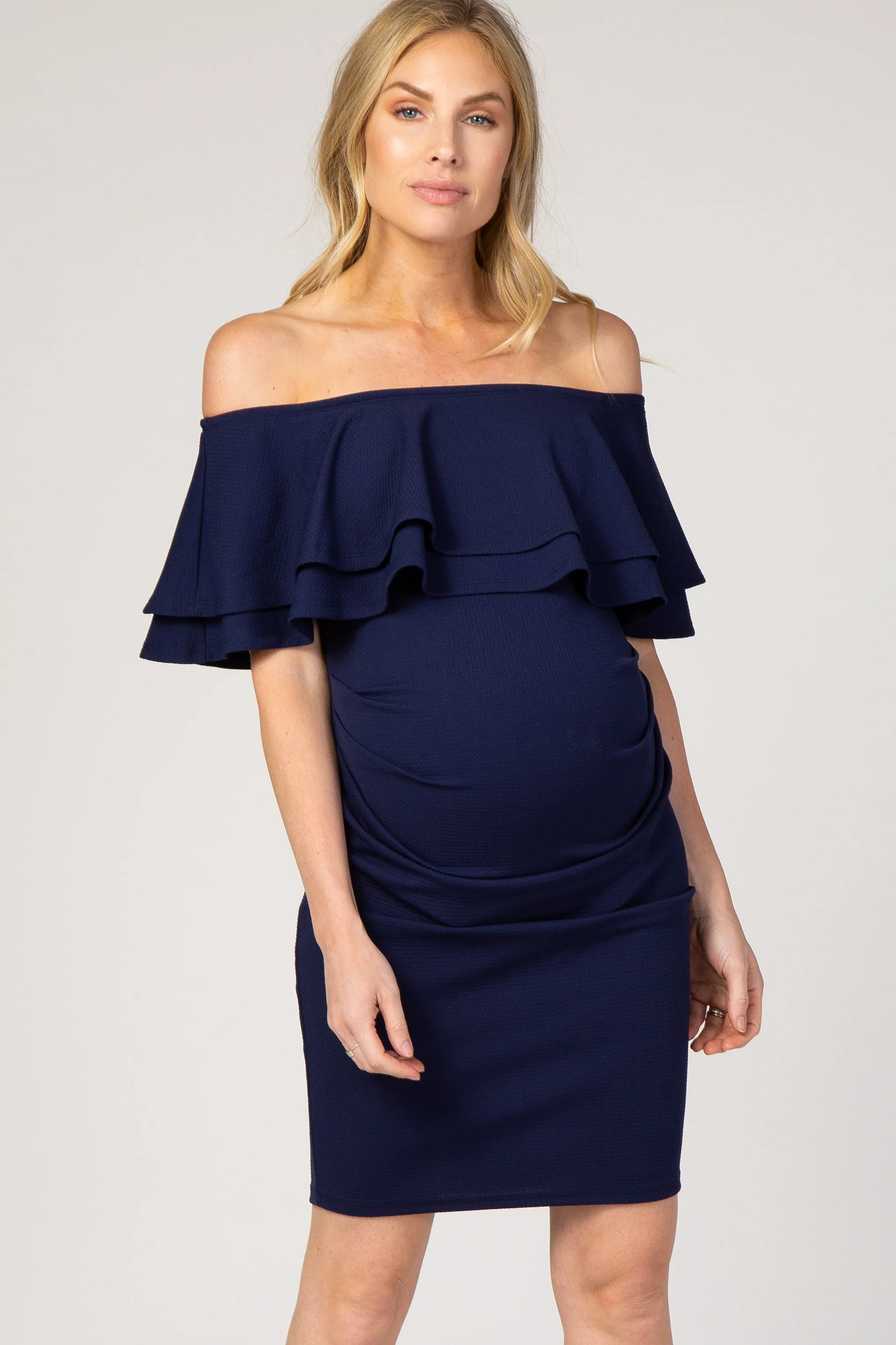 Navy Ruffle Off Shoulder Ruched Maternity Dress sold by Pinkblush product image thumbnail 4