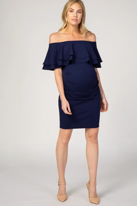 Navy Ruffle Off Shoulder Ruched Maternity Dress sold by Pinkblush