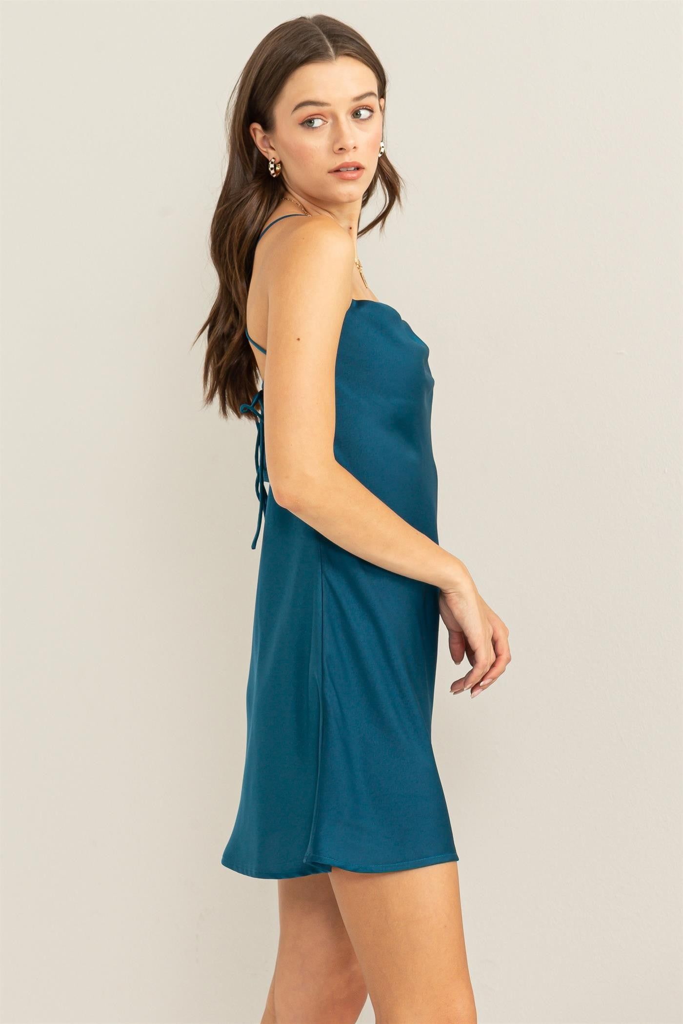 Teal Blue Satin Tie-Back Mini Dress sold by Pinkblush product image thumbnail 3