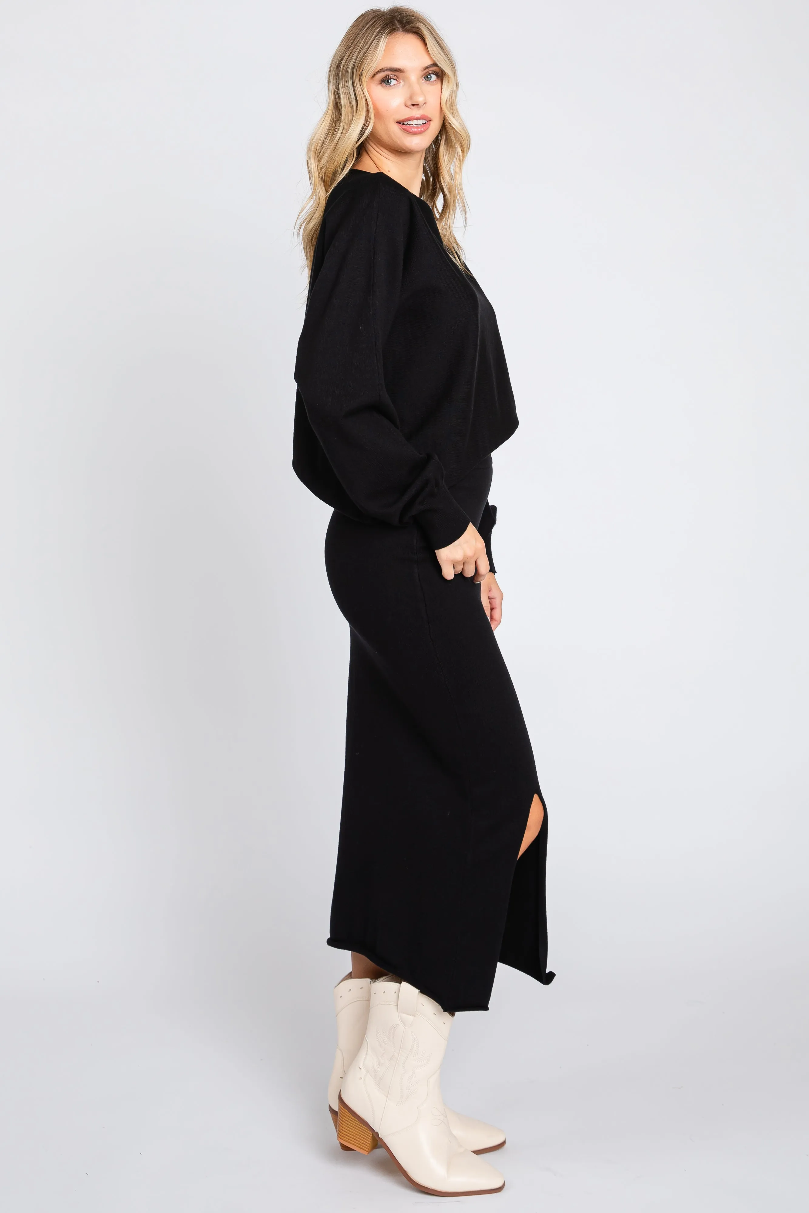 Black Knit Long Sleeve Crop Top Midi Skirt Set sold by Pinkblush product image thumbnail 2