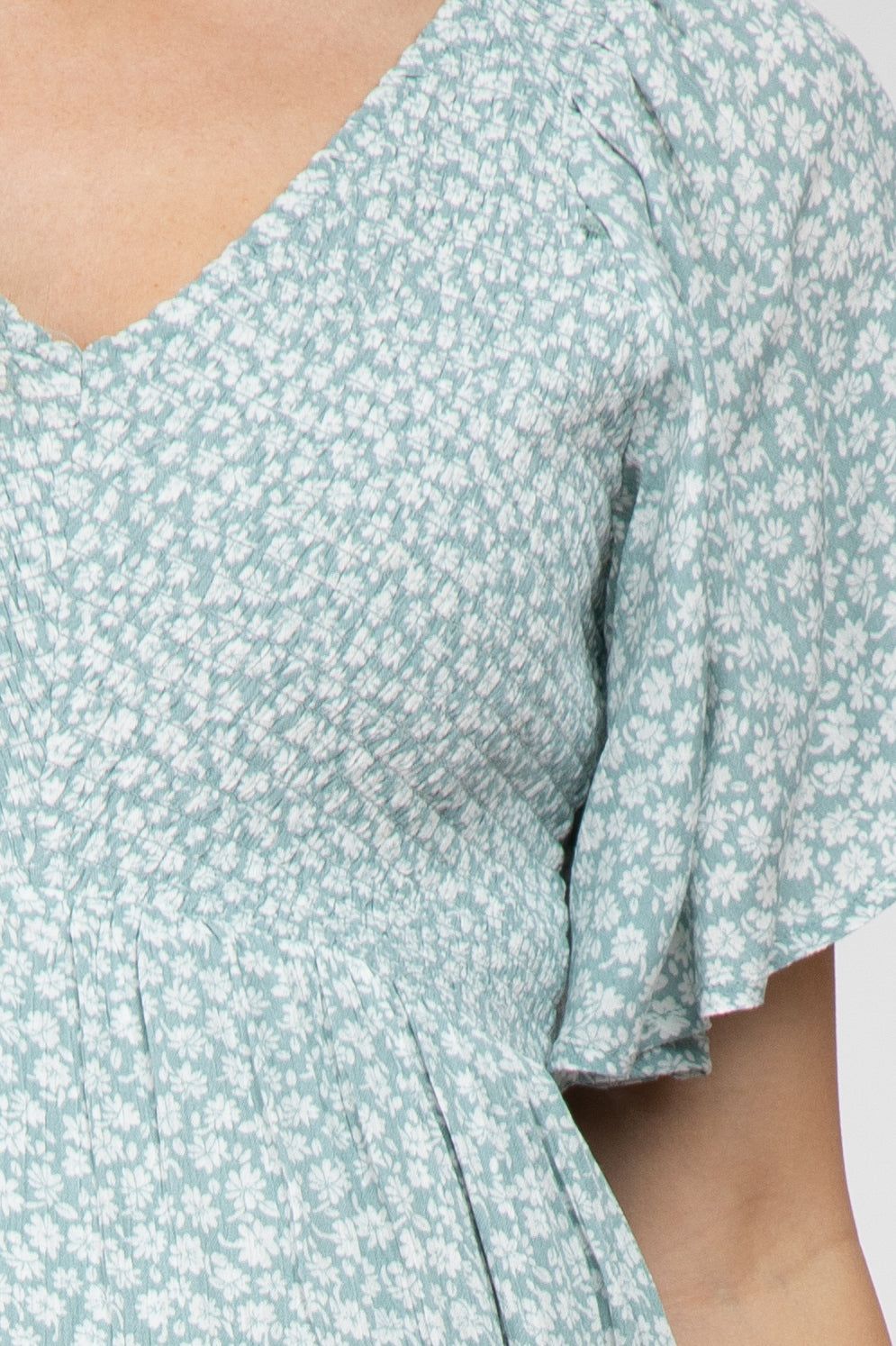 Mint Green Floral Print Smocked V-Neck Maternity Dress sold by Pinkblush product image thumbnail 4
