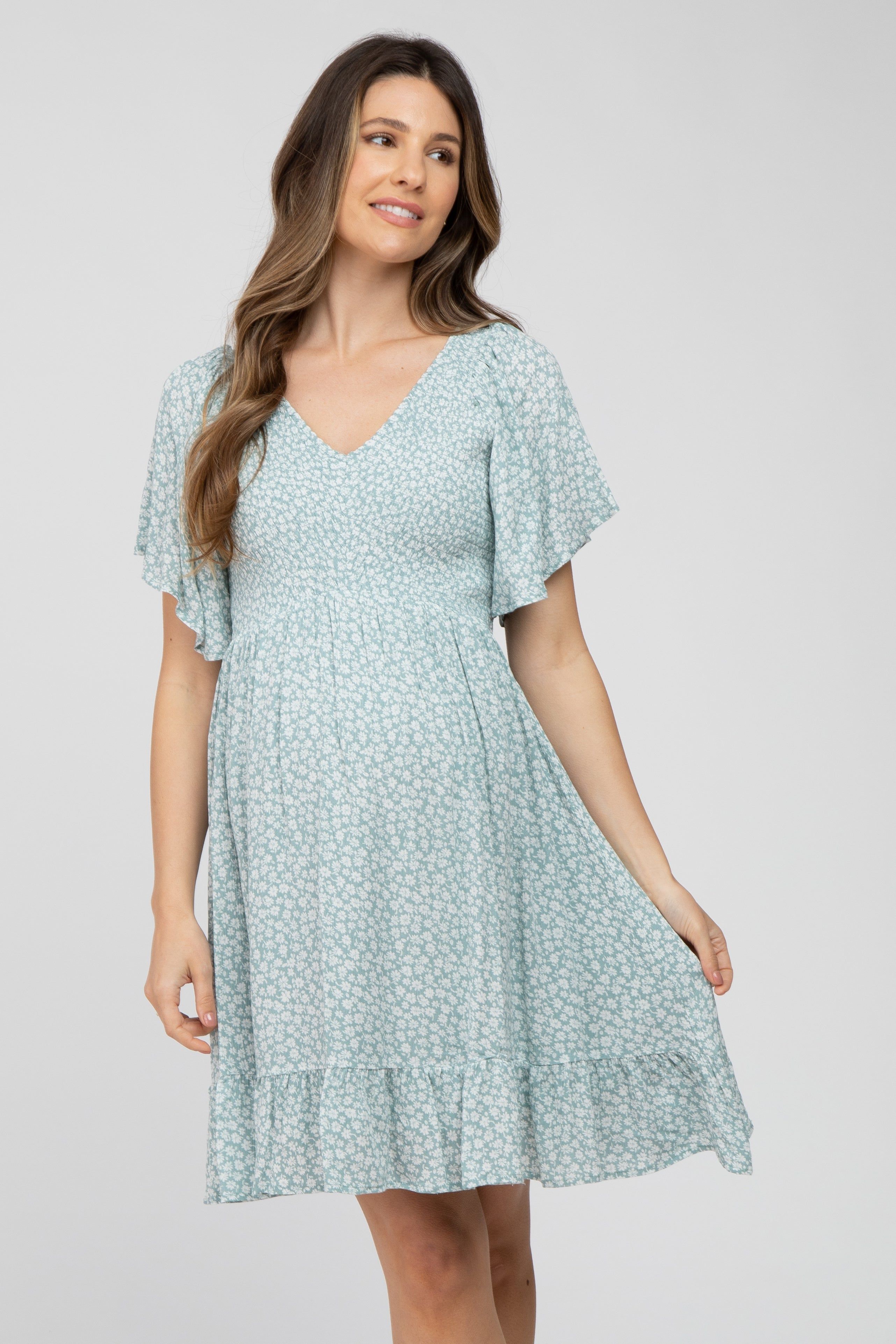 Mint Green Floral Print Smocked V-Neck Maternity Dress sold by Pinkblush