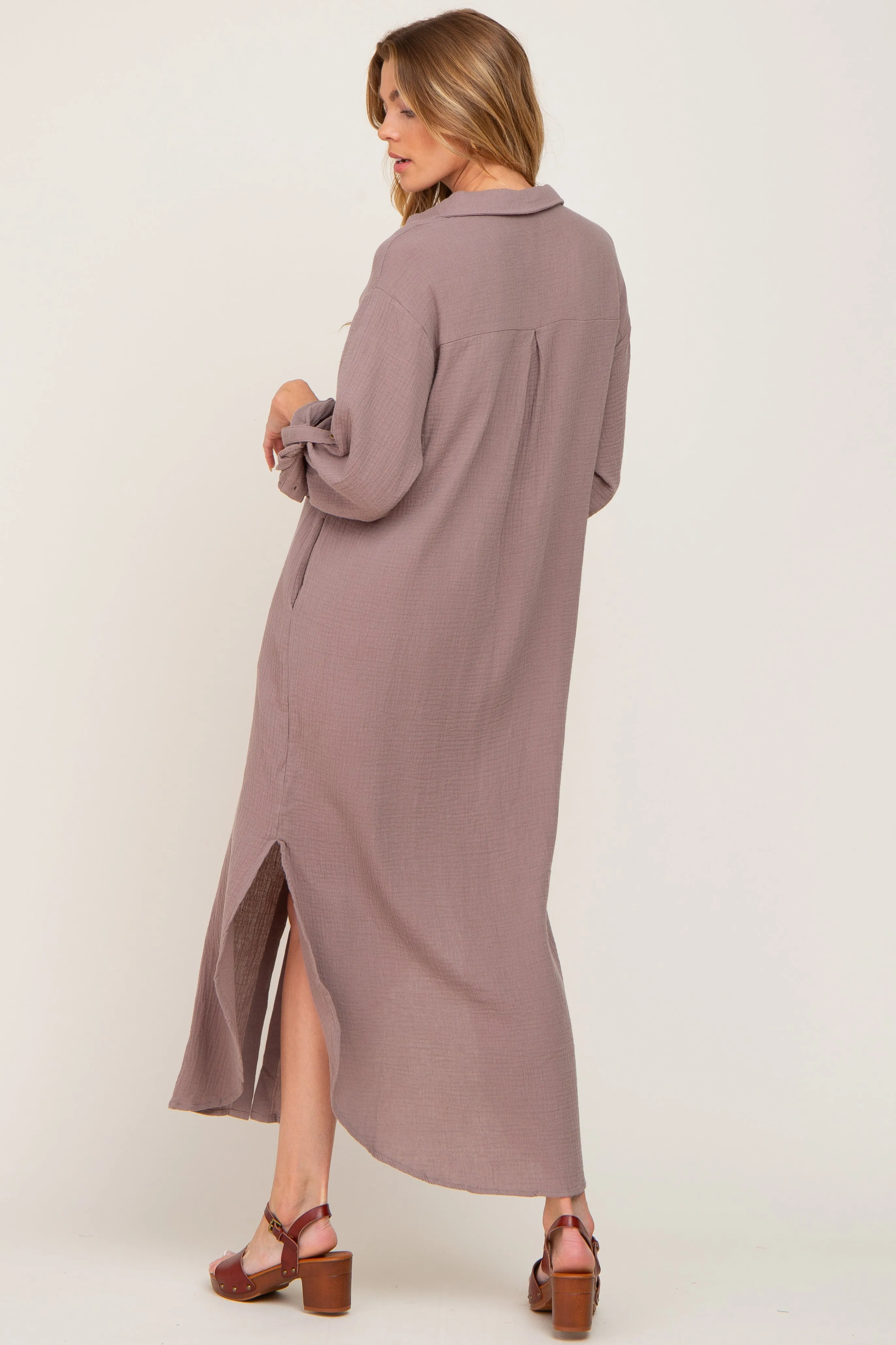 Taupe Button Down 3/4 Sleeve Midi Dress sold by Pinkblush product image thumbnail 3