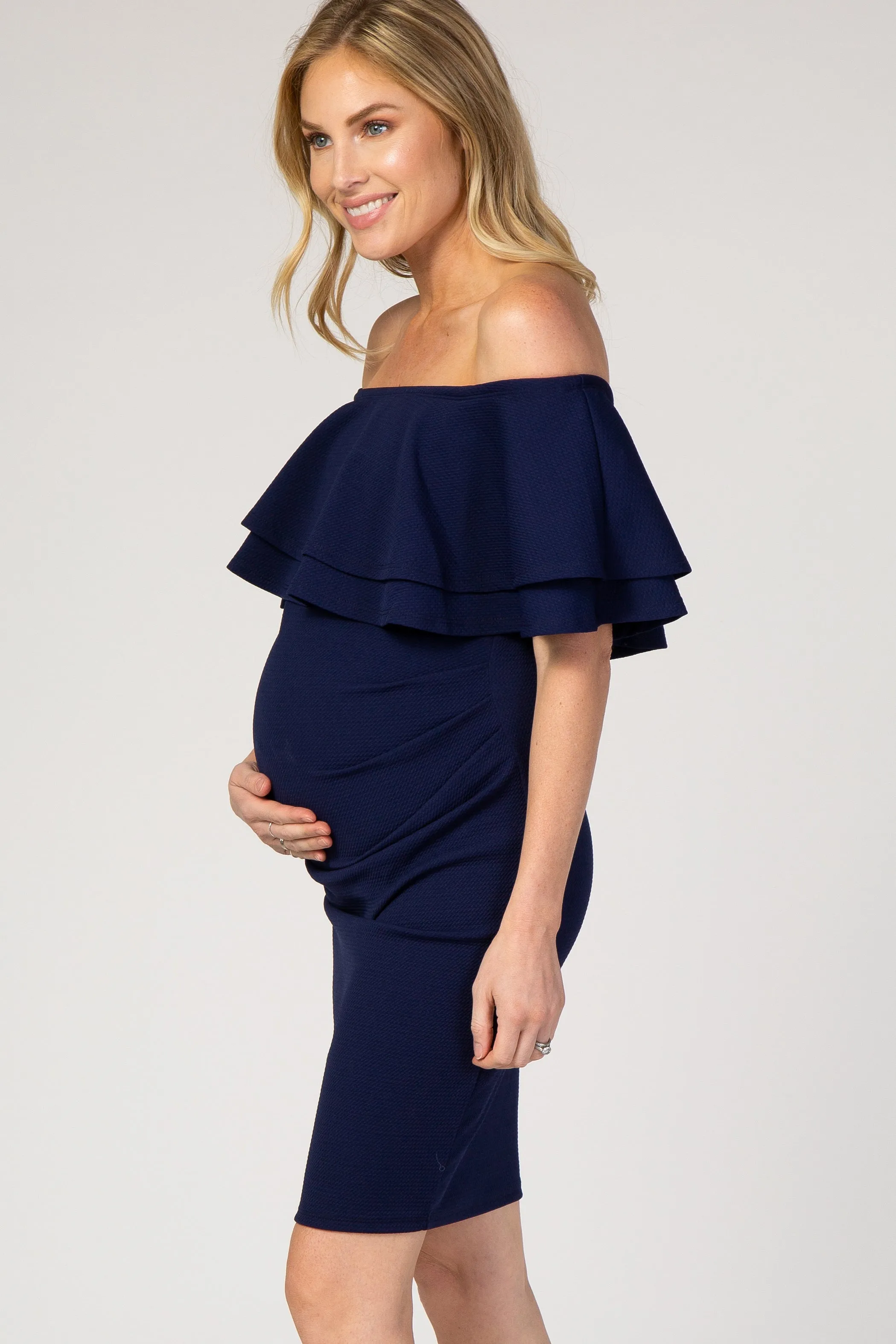 Navy Ruffle Off Shoulder Ruched Maternity Dress sold by Pinkblush product image thumbnail 2