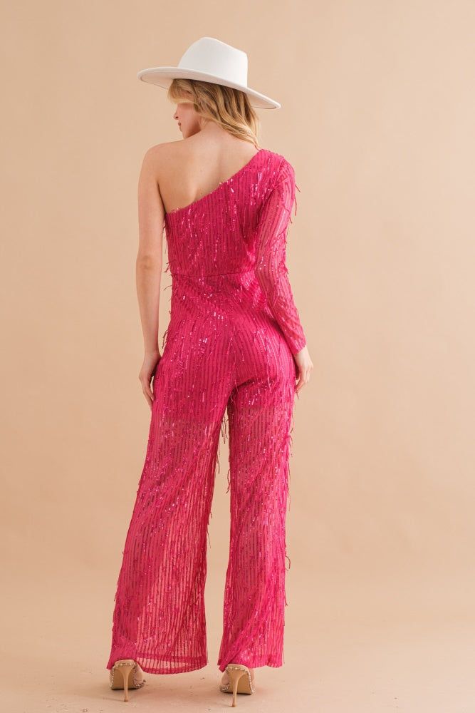 Hot Pink Sequin Fringe One Shoulder Jumpsuit sold by Pinkblush product image thumbnail 3