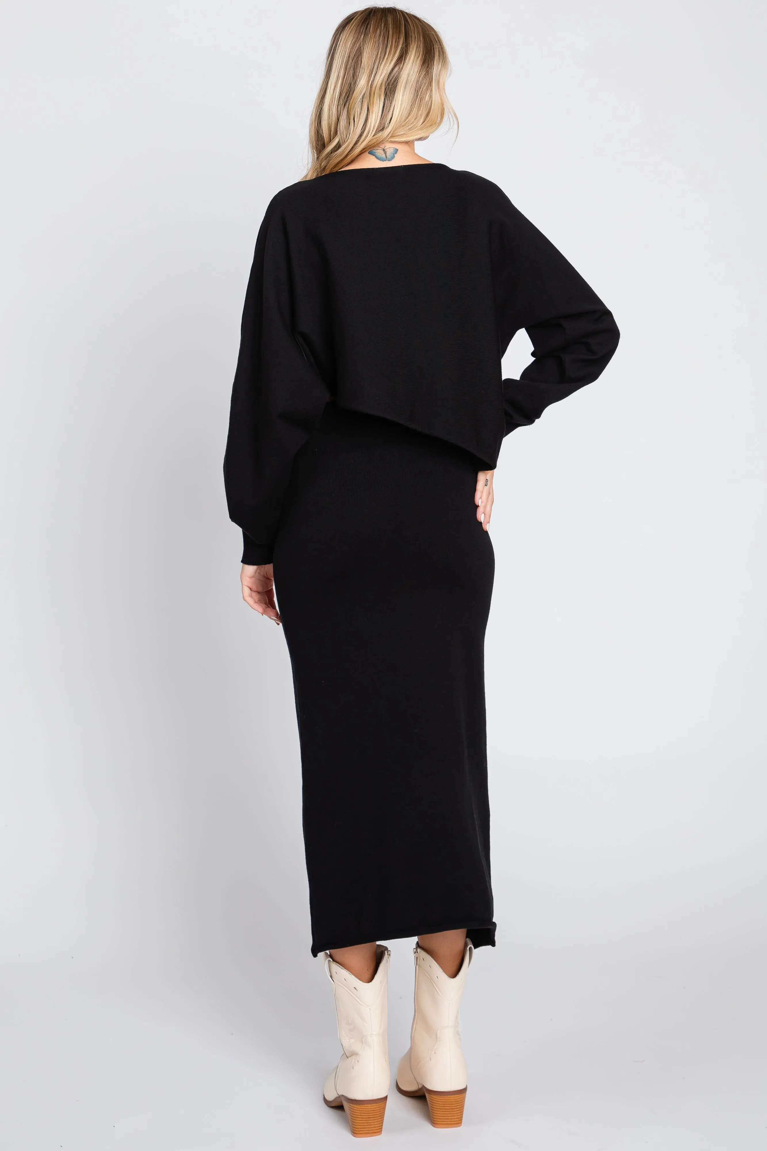 Black Knit Long Sleeve Crop Top Midi Skirt Set sold by Pinkblush product image thumbnail 3
