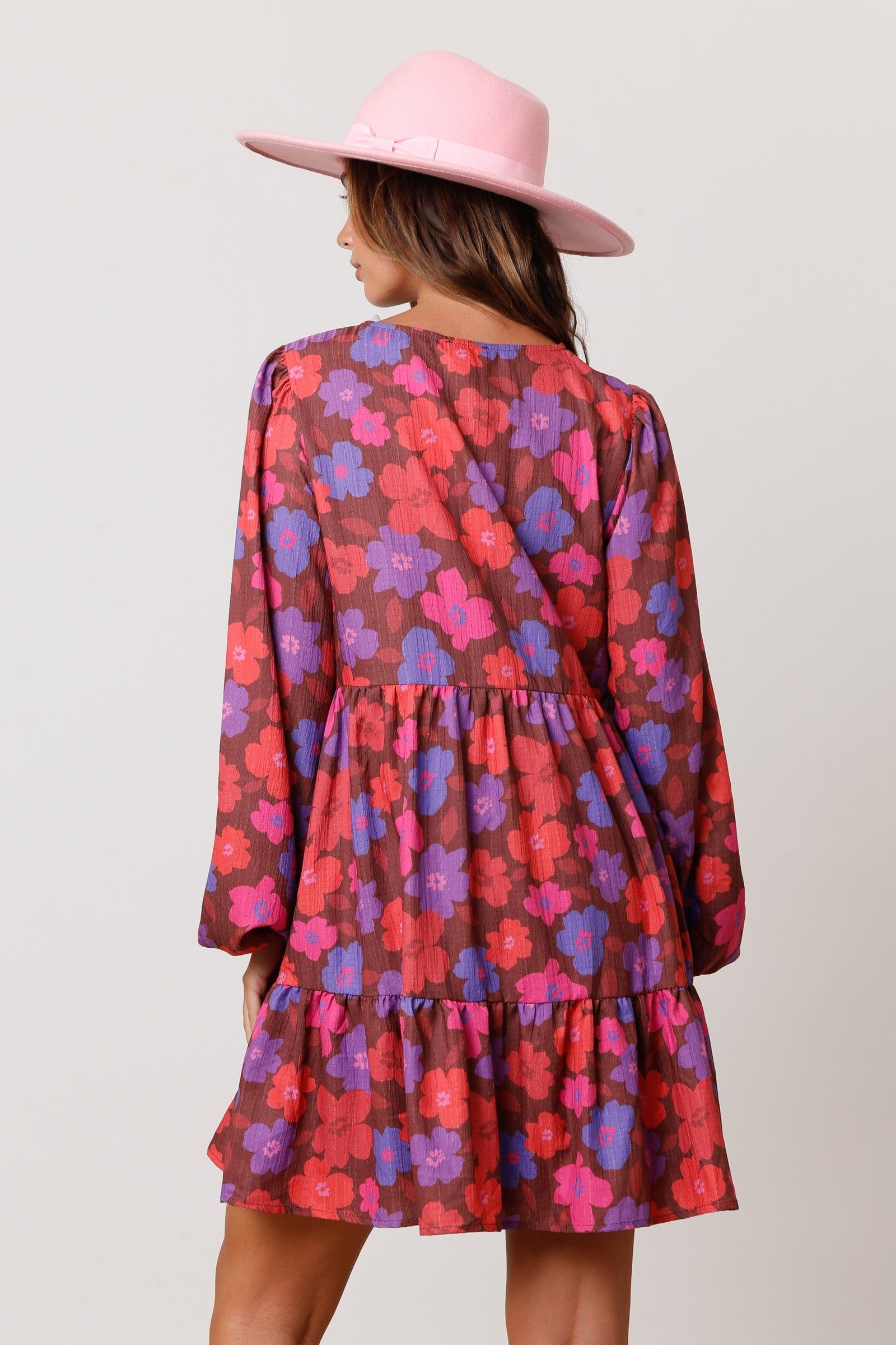 Brown Floral V-Neck Long Sleeve Dress sold by Pinkblush product image thumbnail 3