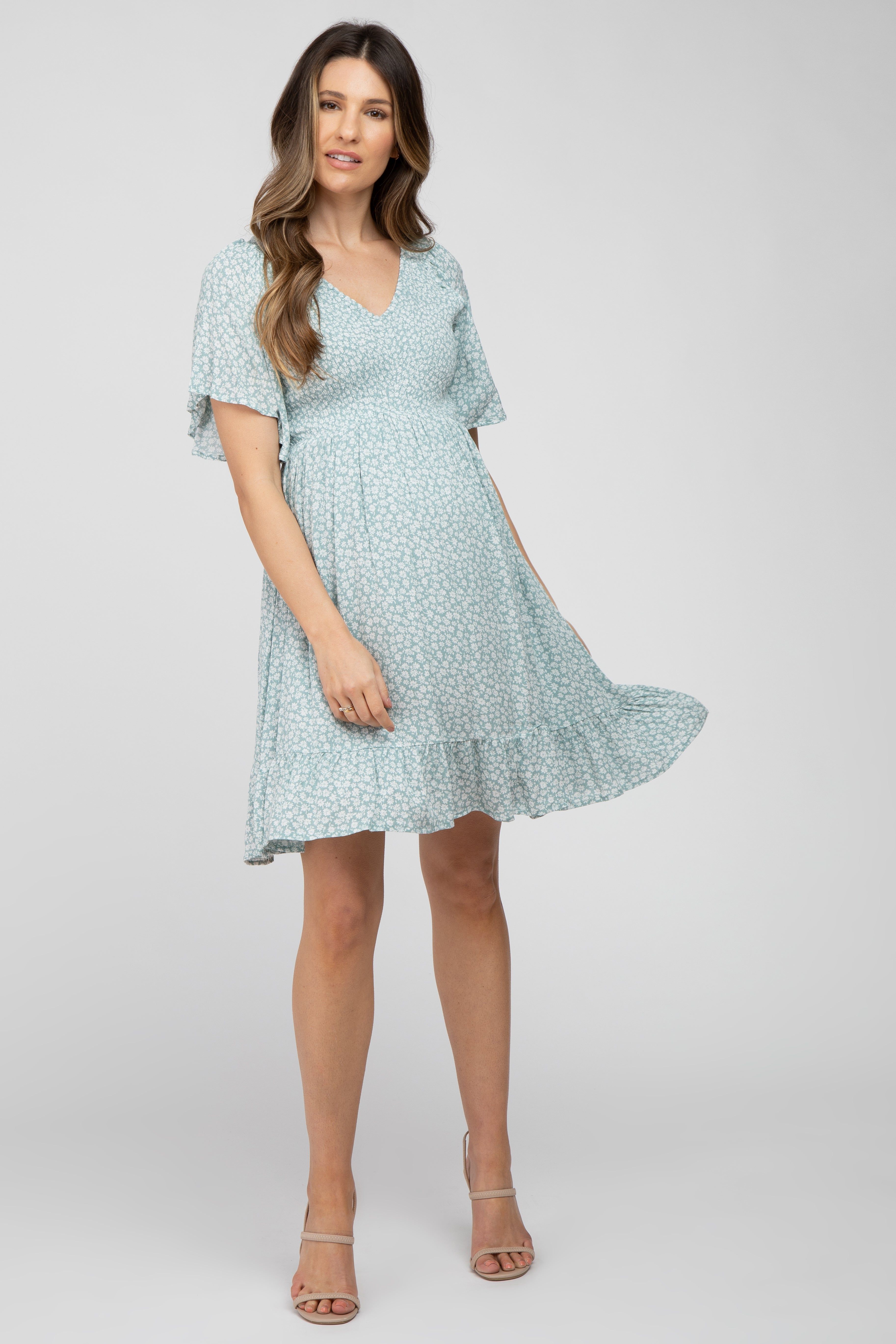 Mint Green Floral Print Smocked V-Neck Maternity Dress sold by Pinkblush product image thumbnail 5